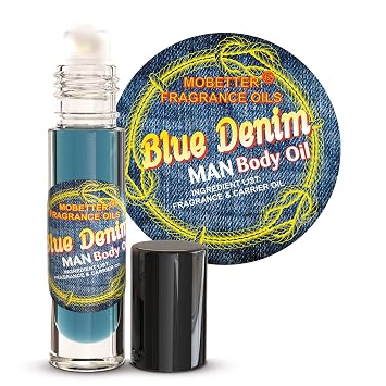 Blue Denim Man Body Oil 0.33 Oz Roll on Glass Bottle, Citruses, Bergamot, Juniper, Travel Size, Long Lasting