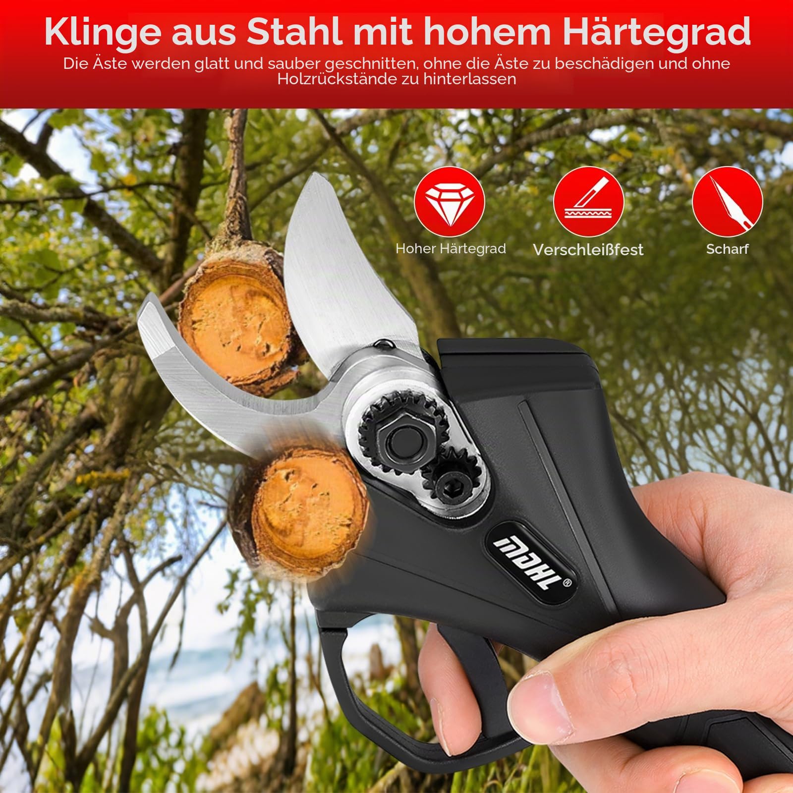 Akku Astschere, Kabellose Elektroschere 35 mm Schneiddurchmesser, Professionelle Gartenschere mit 2 Wiederaufladbaren 21V 2000mAh Akkus LCD-Display zum Beschneiden von Bäumen Sträuchern Obstbäumen