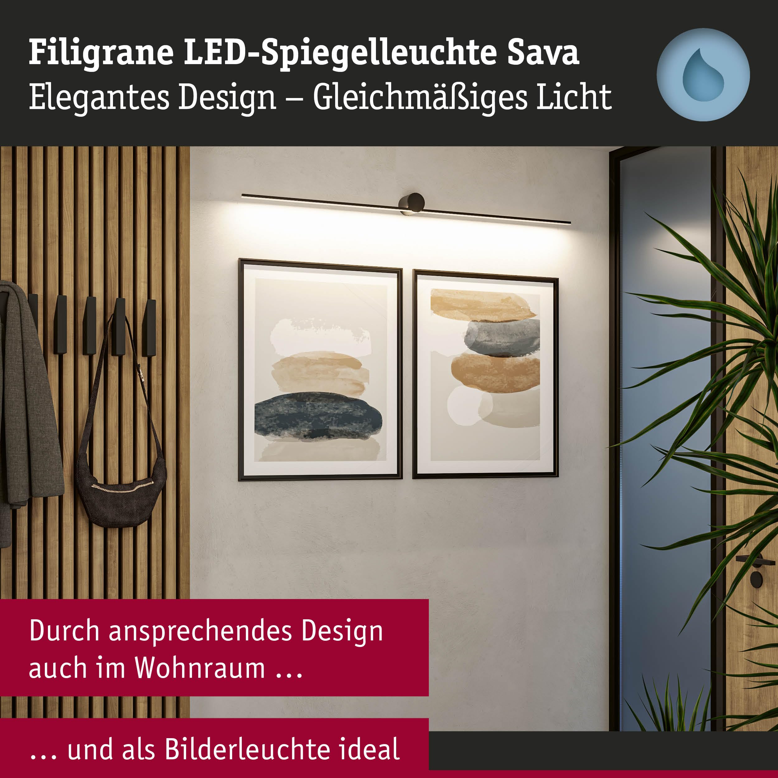 Paulmann 75413 LED Leuchtspiegel Sava IP44 3000K 850lm 230V 13,5W Schwarz matt