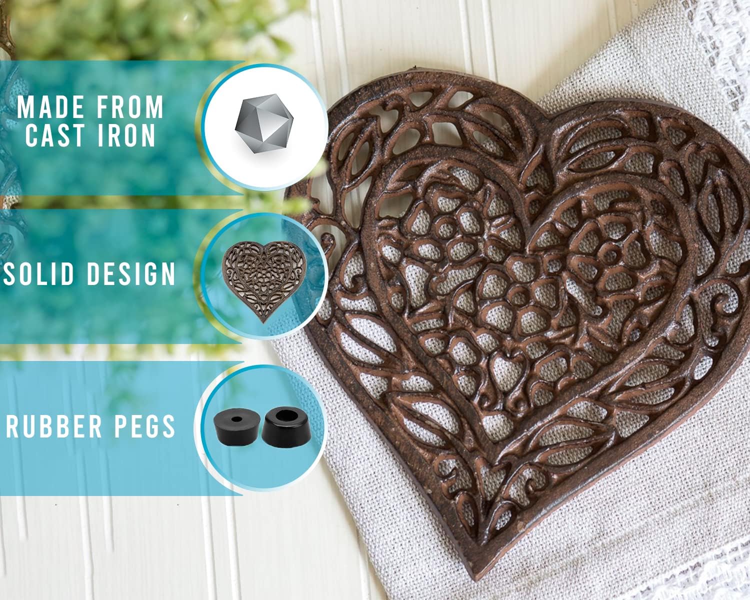 Cast Iron Heart Trivet | Decorative Cast Iron Trivet for Kitchen Countertop Or Dining Table | Vintage Design | 6.75X6.5 | with Rubber Pegs/Feet - Recycled Metal | Rustic Brown Color
