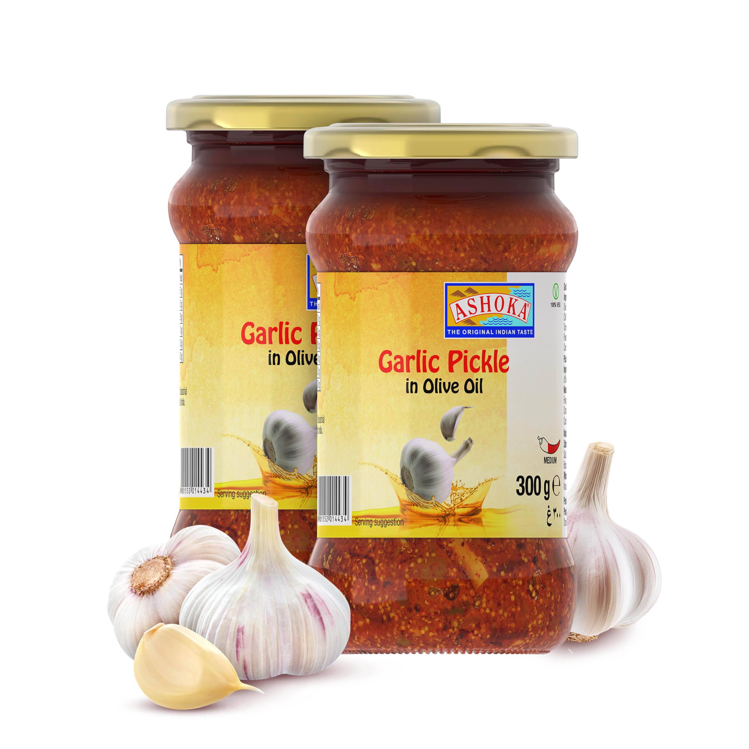 ASHOKA1932 | Pickled Garlic in Olive Oil | All Natural | Indian Pickle Jar | Made with Indian Spices | Pickle Snacks | Medium Spiced | Vegan | Kosher Certified | 300 Grams (Pack of 2)