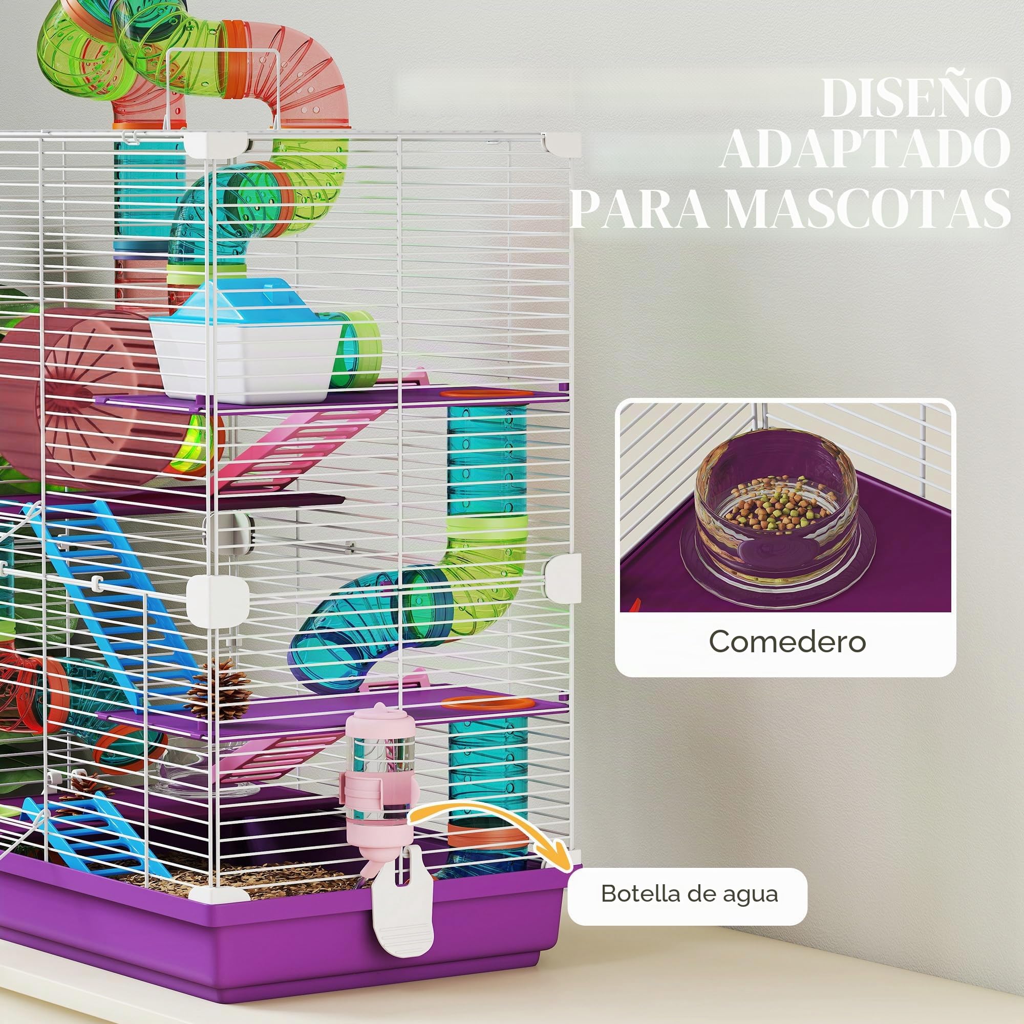 PawHut Jaula para hámster roedor 4 Pisos con túneles alimentador Rueda casa escaleras Dim. 46 x 30 x 58 cm, Color Morado