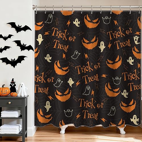 Mocsicka Cortina de ducha de Halloween para baño, divertida cortina de ducha de calabaza con 12 ganchos, cortina de baño de fantasma espeluznante