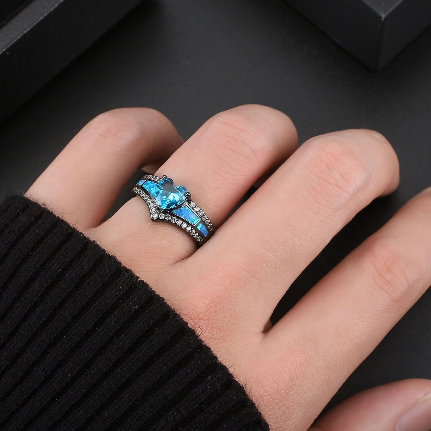 Black Engagement Ring for Women by Ginger Lyne | Heart Shaped Purple, Blue or Ranibow Mystic Topaz Color CZ Promise Ring | Simulated Fire Opal Inlay | Black Fashion Simple Bridal Band for Women