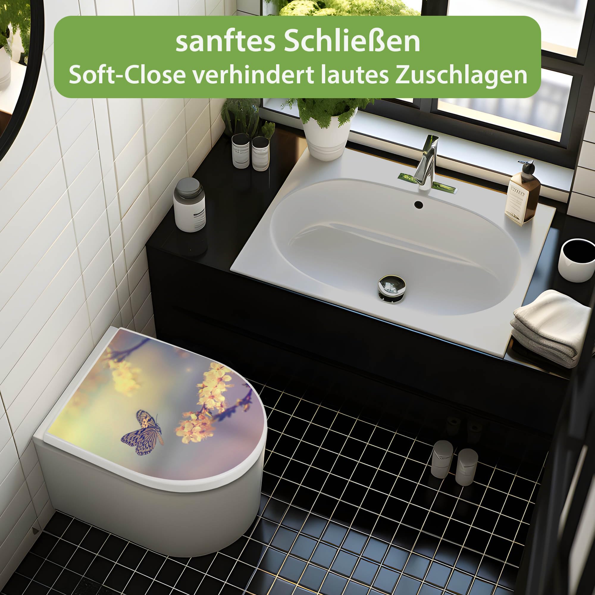 banjado WC Sitz mit Absenkautomatik D Form - Toilettendeckel mit Absenkautomatik D Form - Klodeckel Softclose - stabile Klobrille - Toilettensitz Weiß - Motiv Tag Im Mai