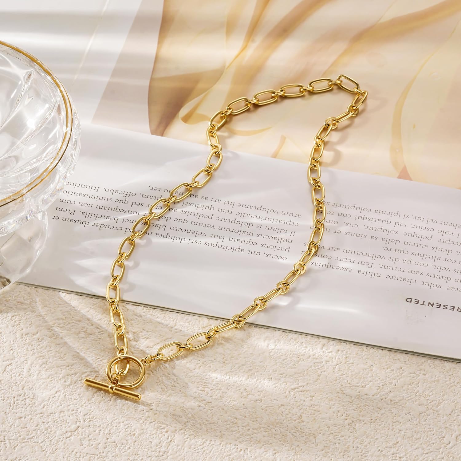 14K Gold Necklace for Women, 14K Gold Plated Chain Necklace Dainty Choker Necklace for Women Trendy Chunky Pendant Necklaces Layering Toggle T-bar Clasp Link Chain Necklace Jewelry - Image 8