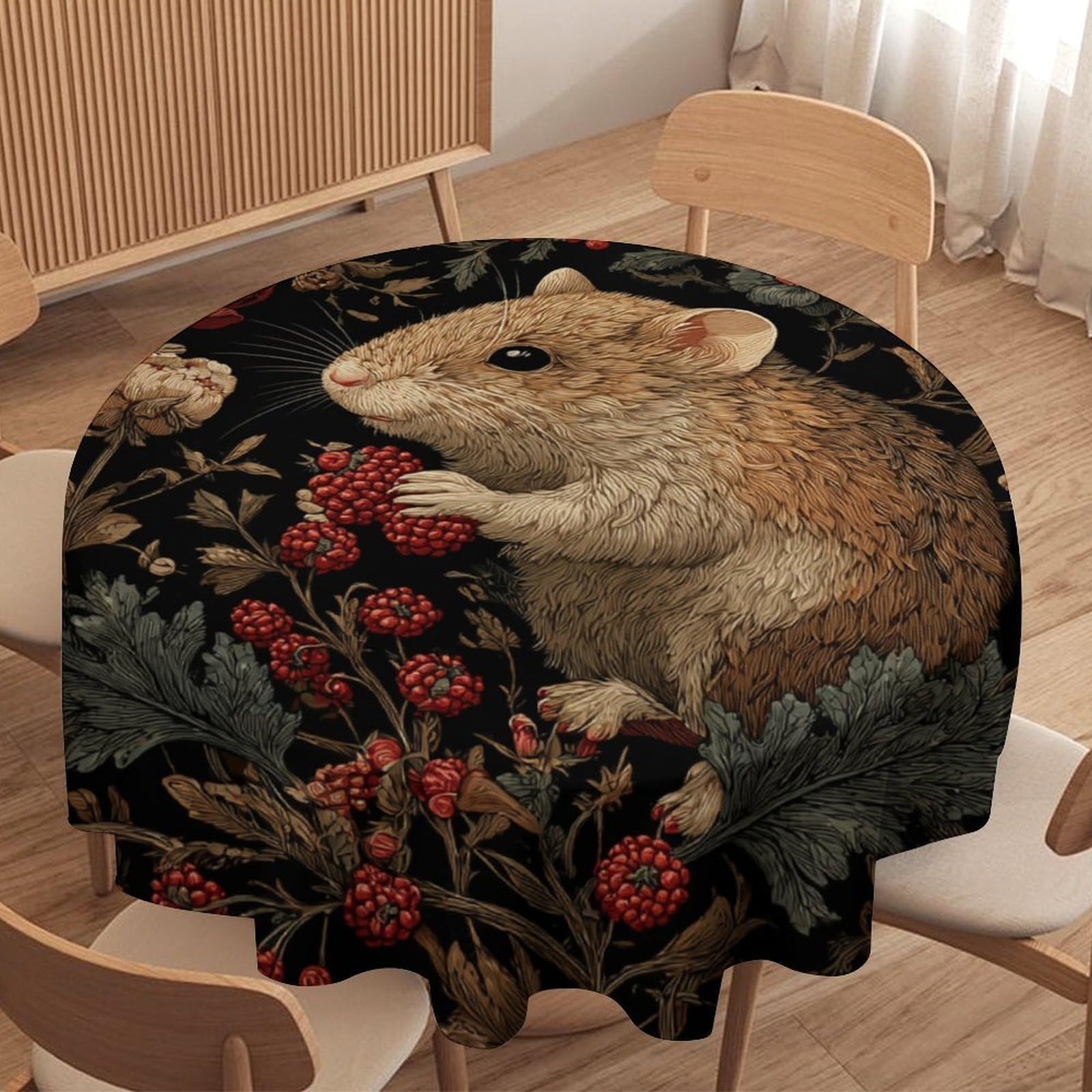 Luyysky Cute Vintage Hamster Round Tablecloth Modern Antique William Morris Plants Fruit Berry Animals Hamster Washable Decor For Table Cover For Kitchen-152.4" Wx152.4 L Cm
