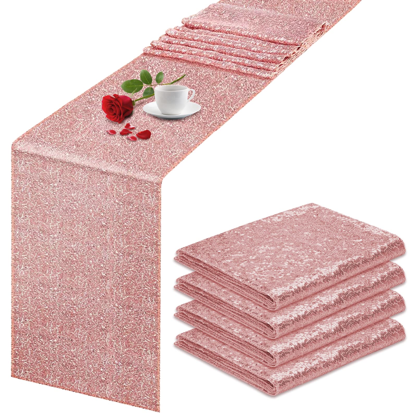 Showgeous 4 Pack Sequin Table Runner, Rose Gold 12" x 108" Sparkly Table Runners Glitter Table Runner Linen for Wedding Events Birthday Baby Shower Christmas Party Holiday Banquet Coffee Table