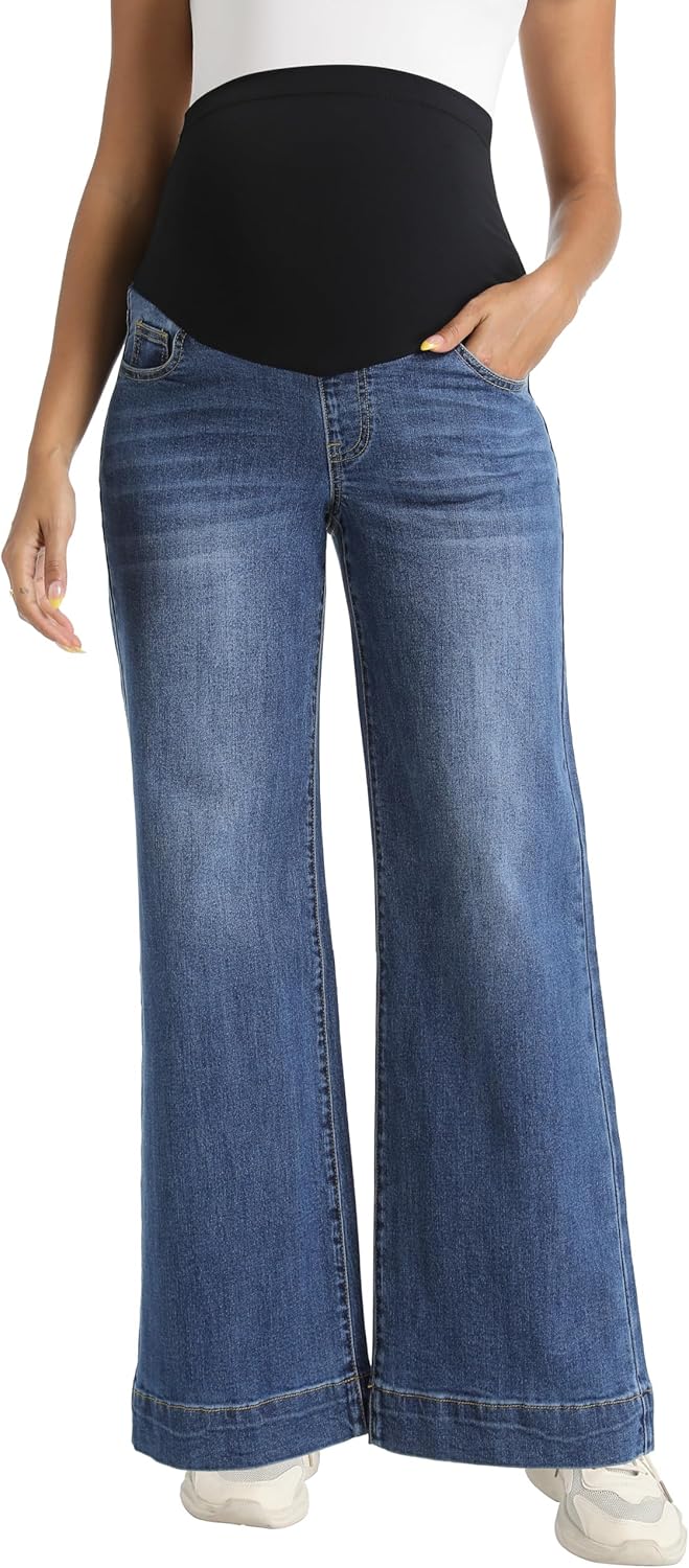 Foucome Women's Maternity Jeans Wide Leg Trendy Comfy Stretchy Straight Leg Pregnancy Denim Pants - Image 4