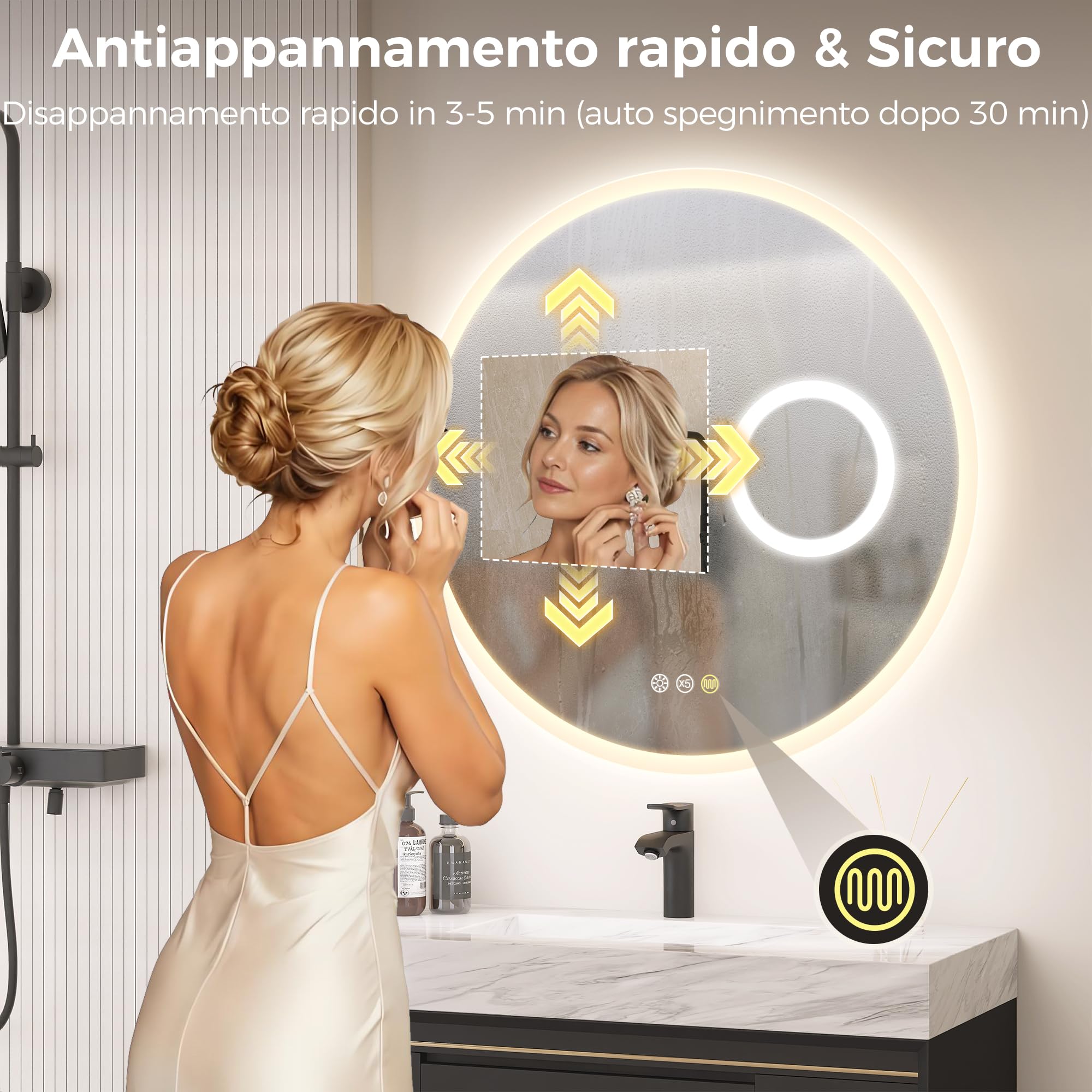 STARLEAD Specchio da bagno rotondo da 80 cm, con illuminazione, Bluetooth, lente d'ingrandimento 5x