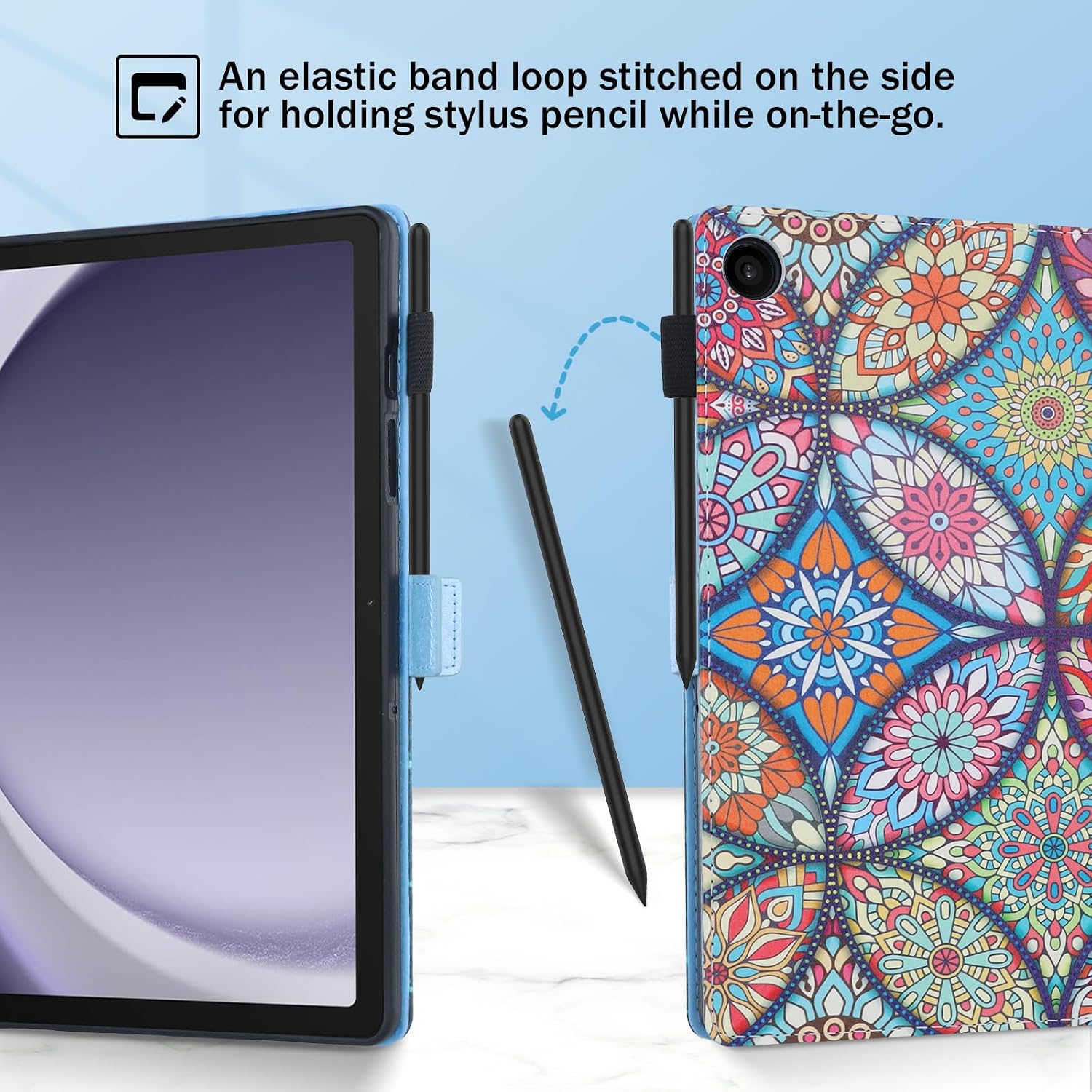 Dteck for Galaxy Tab A9+ 11" (SM-X210), Tab A11+ 11" (SM-X230) Smart Folio Case with Auto Sleep Wake, Stand, Elastic Hand Strap, Pen Loop Holder, PU Leather Protective Cute Slim Cover, Stained Glass image 5