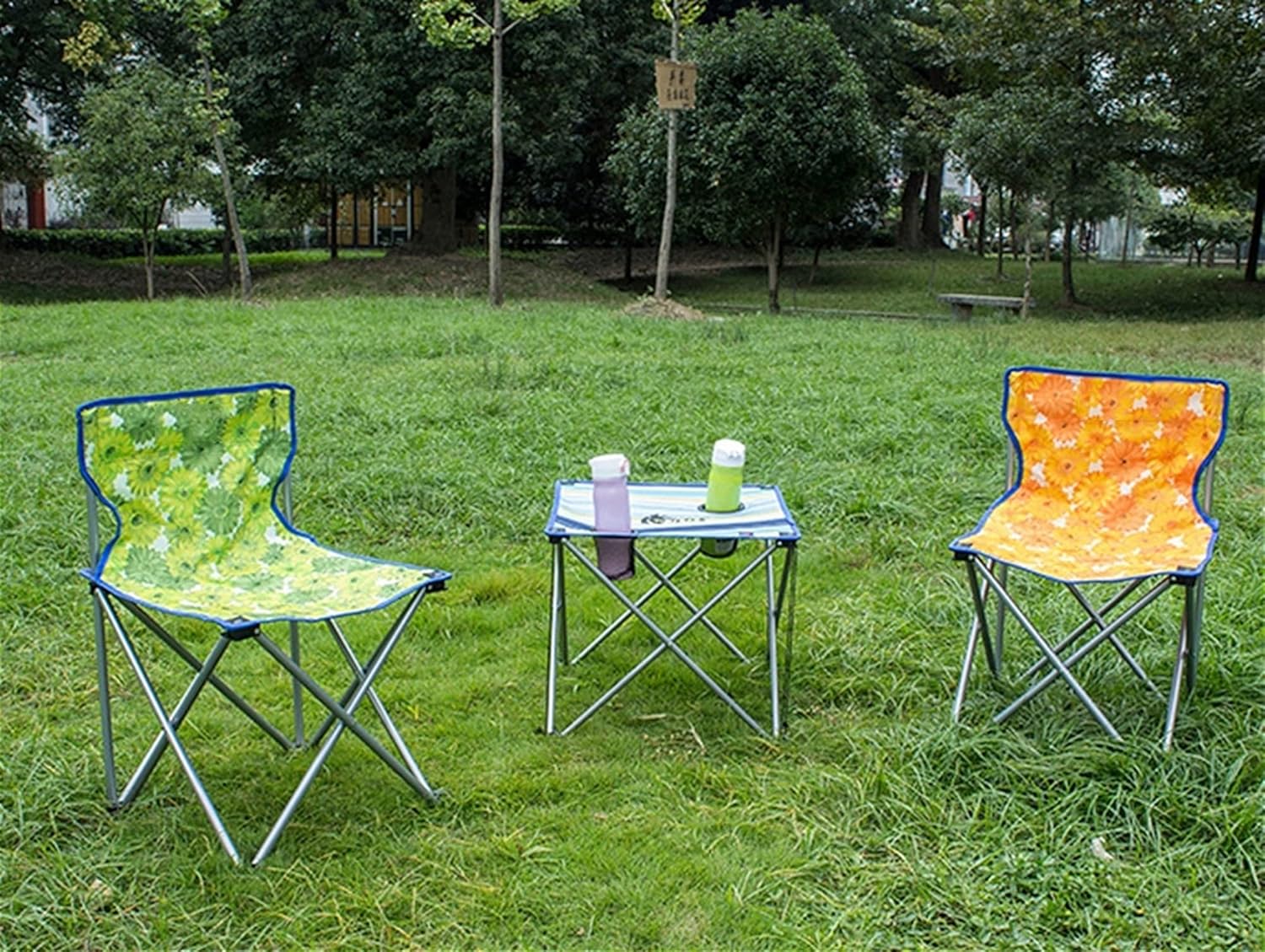 Camping Table Chairs Portable Oxford Cloth Folding and Chair Set, Picnic with Cup Holder Hand Strap, Suitable for Barbecue/Party/Beach 47x47x41cm