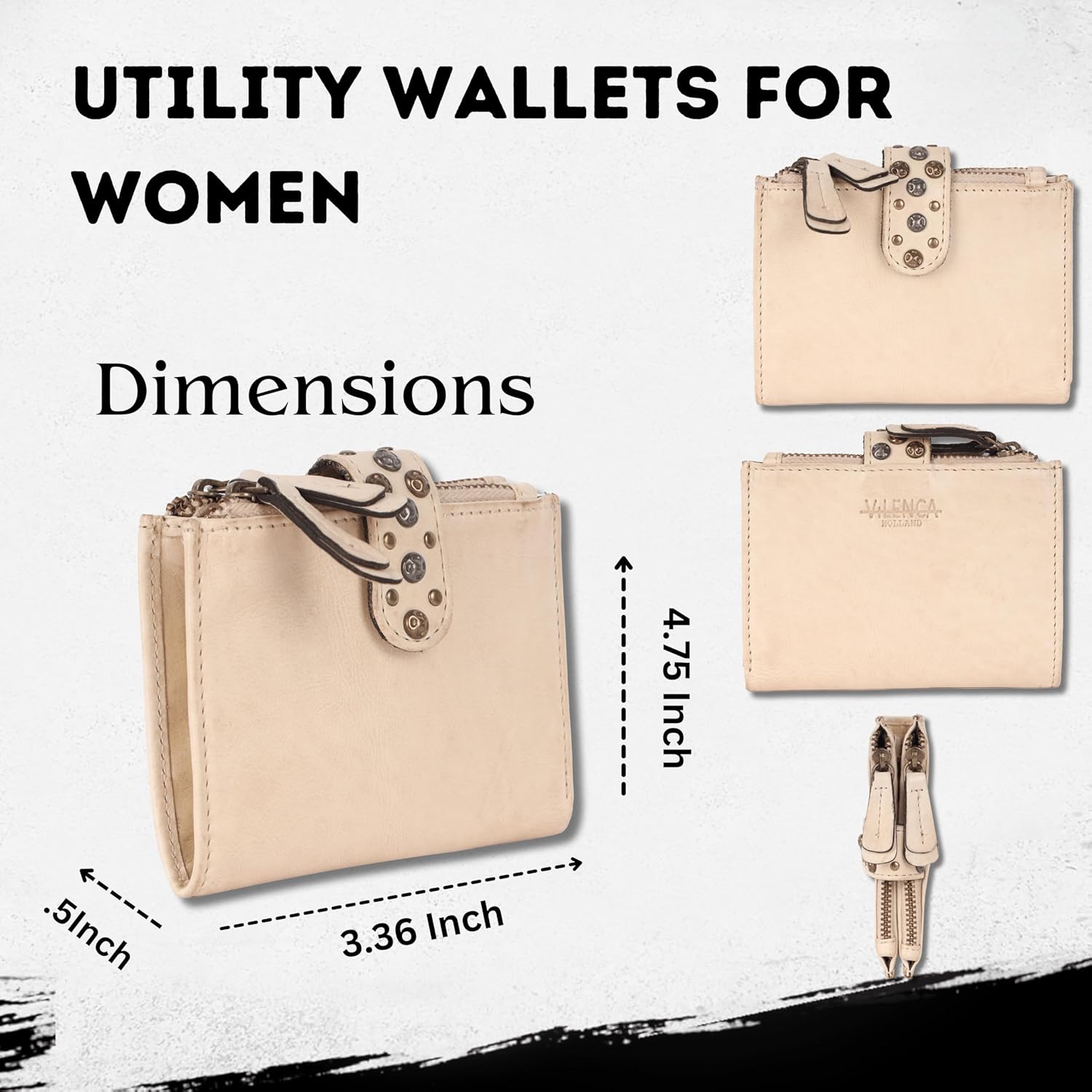 4.75 Inch Genuine Italian Leather Boho Studded Bifold Wallet – Zipper Coin Purse & Credit Card Holder for Women (Beige) - Image 3