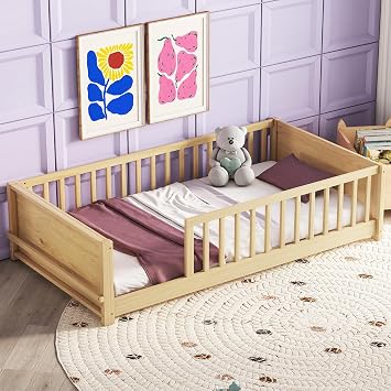 Mirightone Twin Floor Bed with Fence Guardrails and Slats, Wood Floor Bed Frame Twin Size with Built-in Book Storage Rack,Montessori Floor Bed for Kids,Girls and Boy,Natural