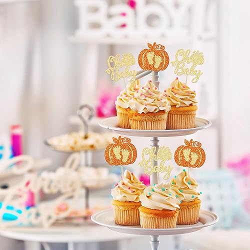 Miniatura 6 de 24 piezas de calabaza Oh Baby Cupcake Toppers con purpurina para pies de bebé, calabaza para cupcakes temáticos de otoño, baby shower, fiesta de