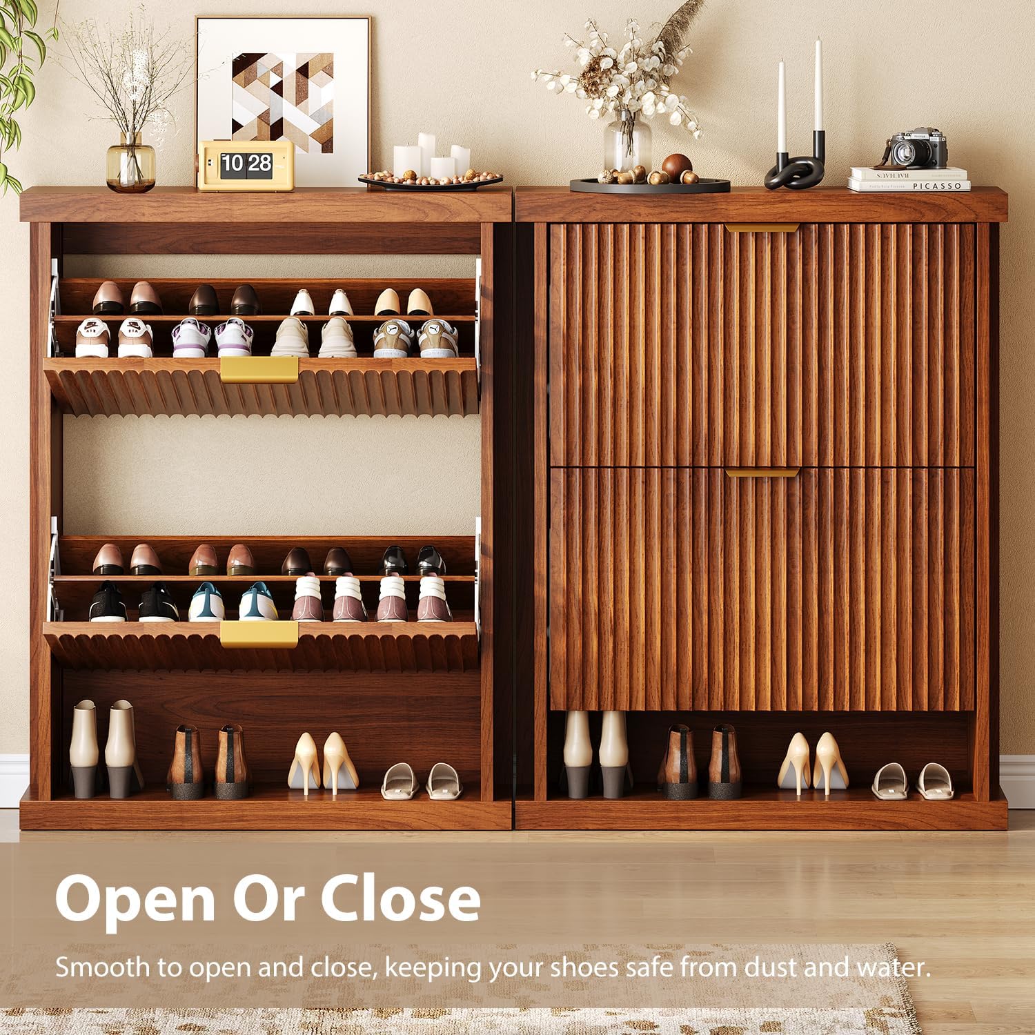 knoworld Walnut Shoe Cabinet Storage for Entryway,2 Flip Drawers with Toe Kick Space,Narrow Wood Fluted Shoe Rack Cabinet,Fluted Slim Shoe Cabinet for Foyer,Hallway