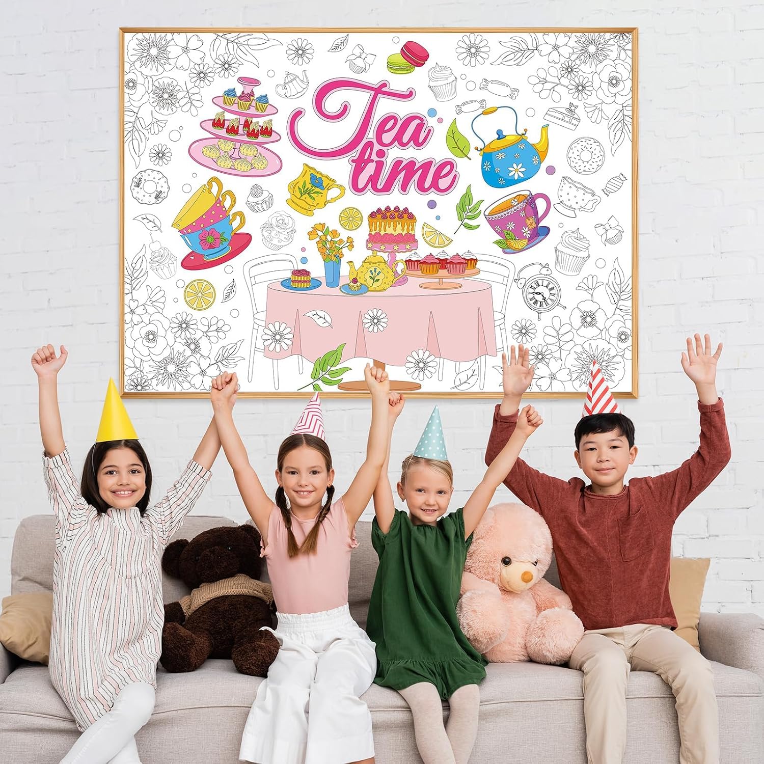 Naozinebi Tea Party Coloring Poster for Kids Summer Giant Coloring Poster Large Flower Tea Time Tablecloth Jumbo Books for Classroom Home Birthday Party Supplies Favor