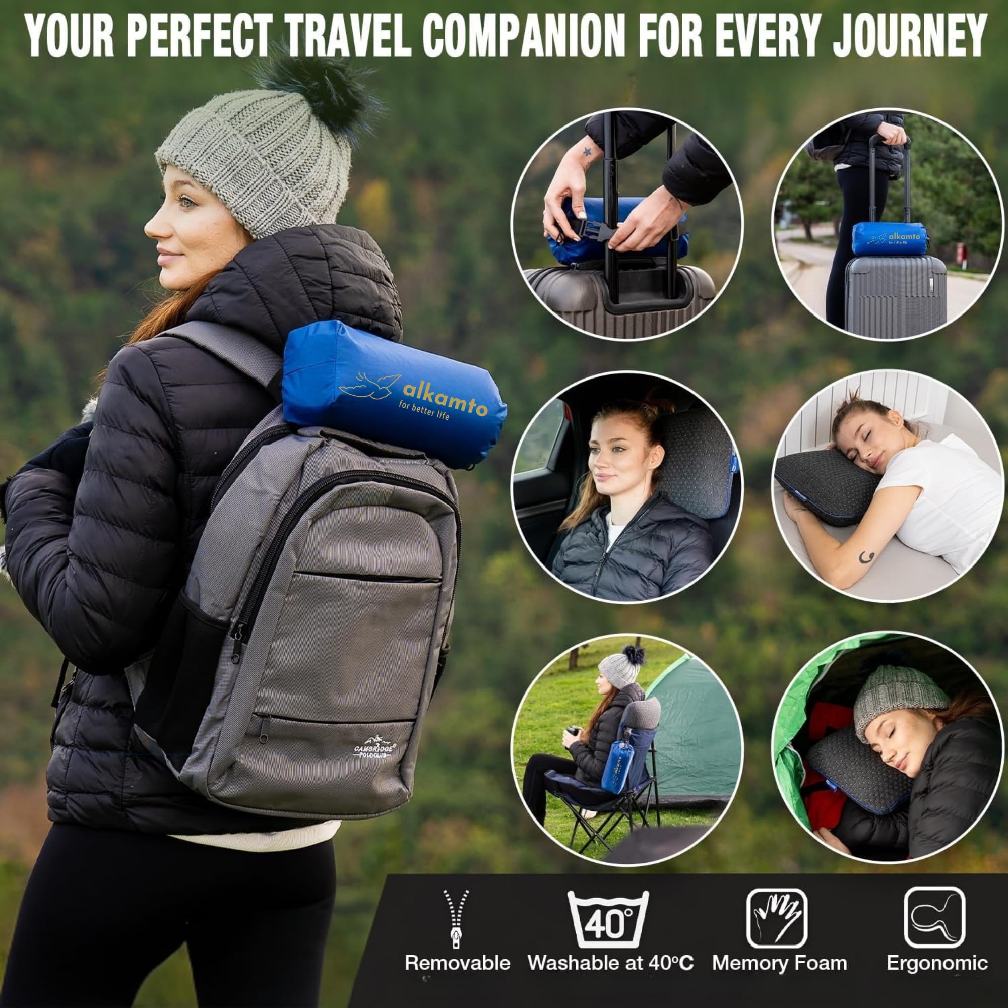 Cuscino da viaggio – Supporto ergonomico per il collo da campeggio in memory foam con federa termoregolante – Borsa da viaggio impermeabile inclusa (Nero)