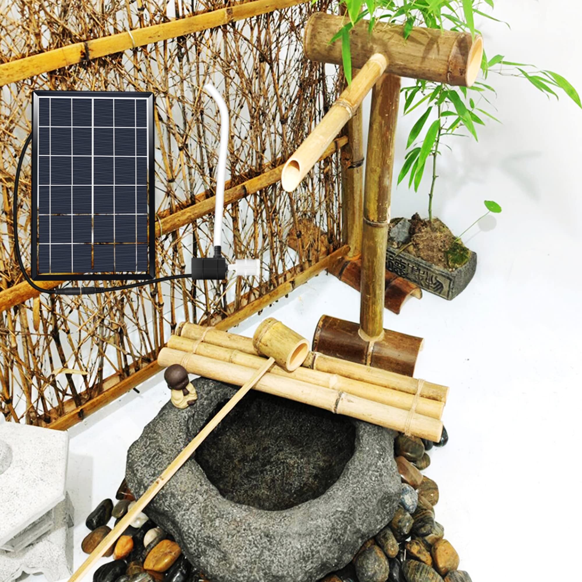 Solarna bambusowa fontanna z pompką, 80 cm, dekoracyjna funkcja wody do ogrodu, zawiera bambusowe tratwy, chochle i filtr wody, idealna dekoracja na zewnątrz