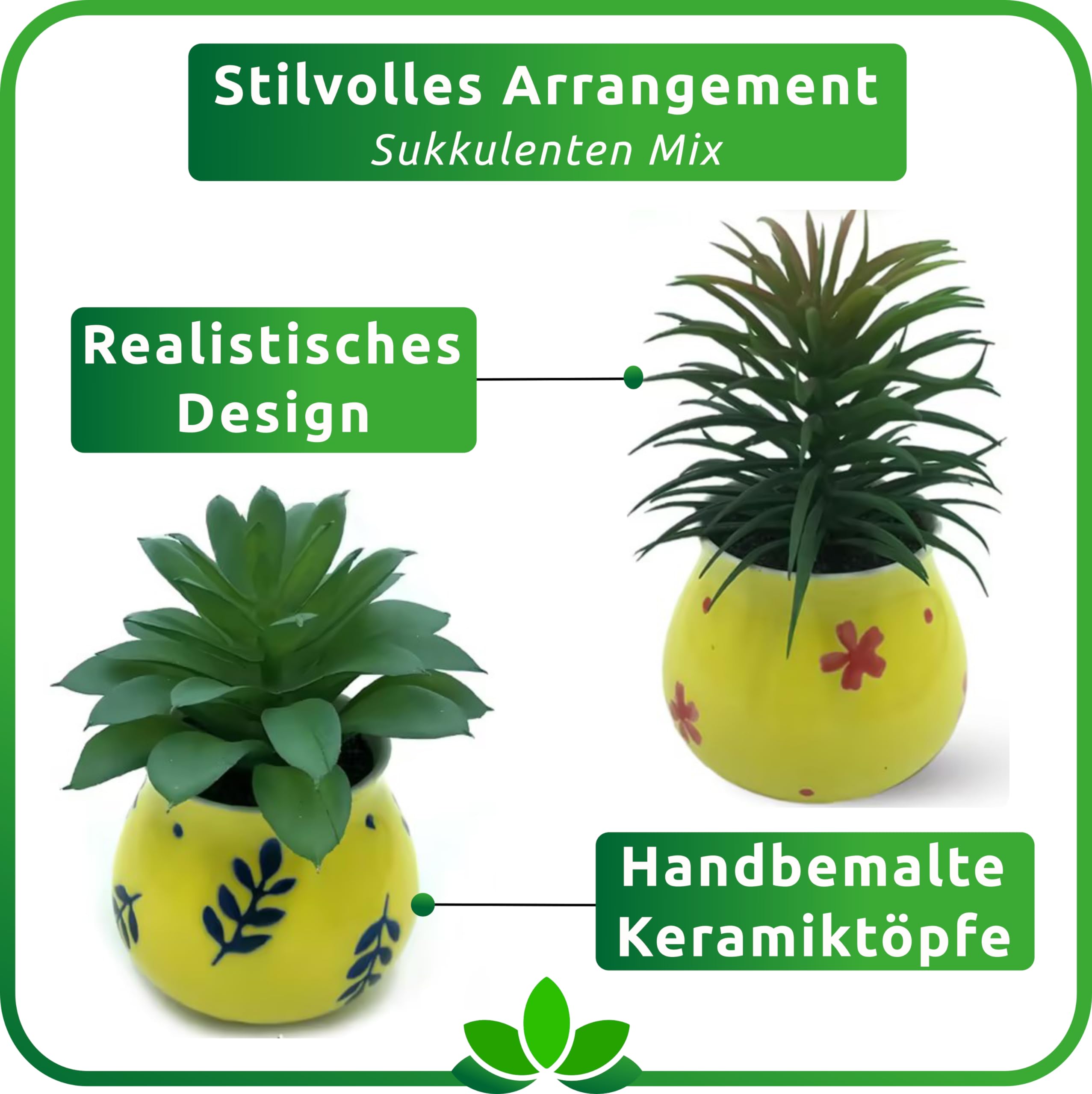 PASCH Set di 4 piante grasse artificiali come in vasi in ceramica dipinti a mano: piante grasse artificiali, decorazione per soggiorno, pianta decorativa per ufficio, pianta artificiale, piccola