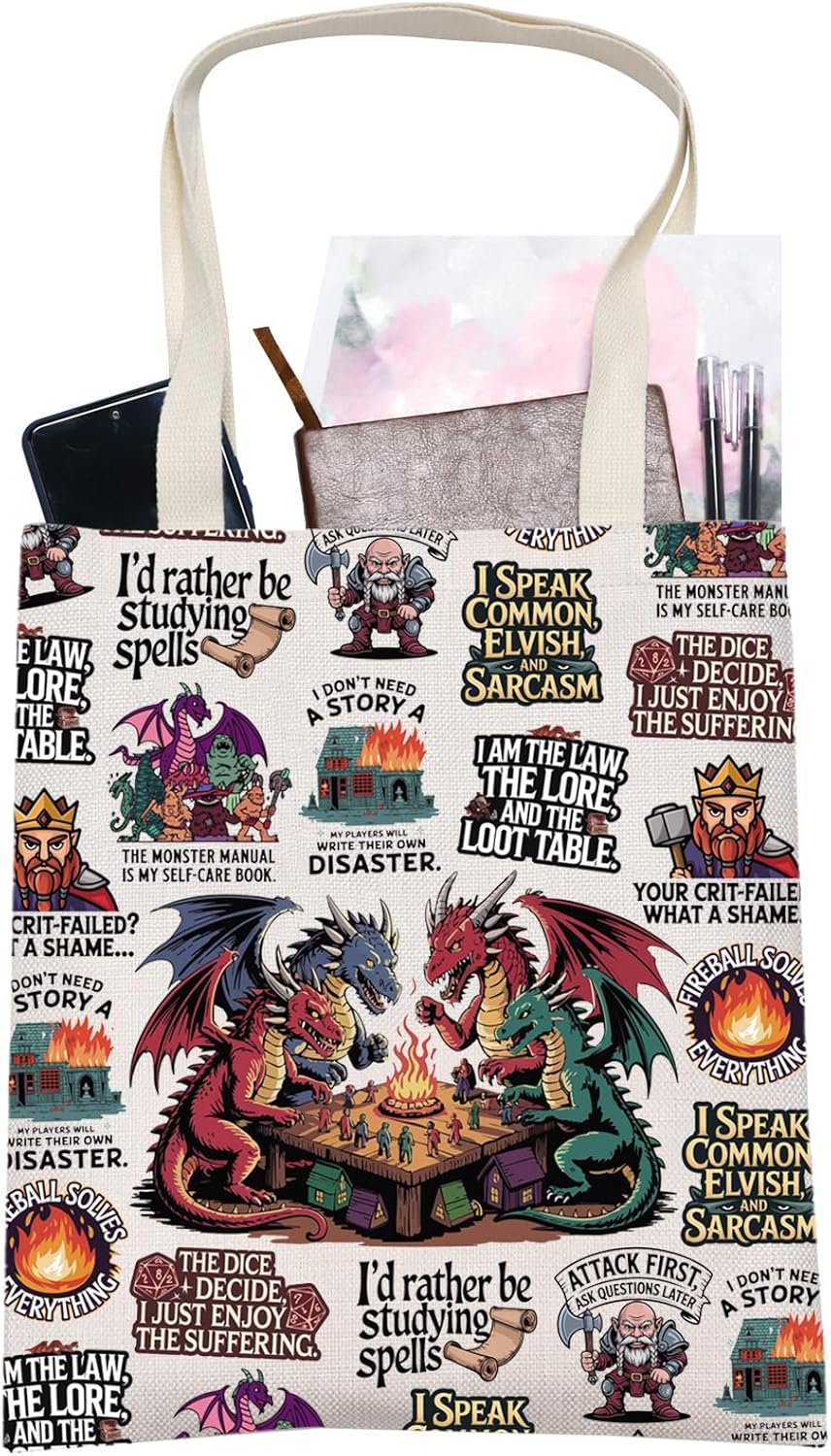 LEVLO Dungeons D20 Canvas Tote Bag D&D Gamer Gifts Dragon Master Shoulder Bag Gamer Players Merchandise - Image 4