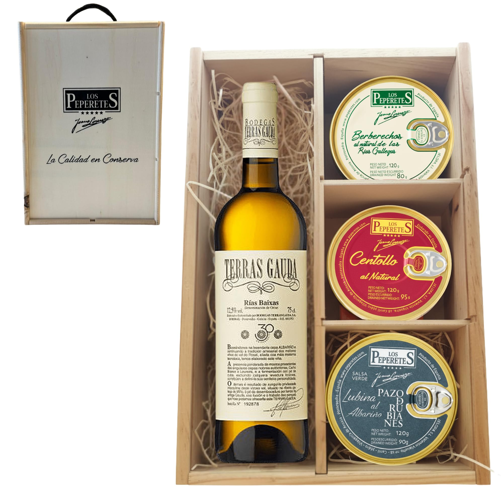 LOS PEPERETES Pack Superior Marisco Gallego con Terras Gauda | Berberechos ×2 · Centollo ×2 · Lubina al Albariño ×2 | Lote Gourmet Premium