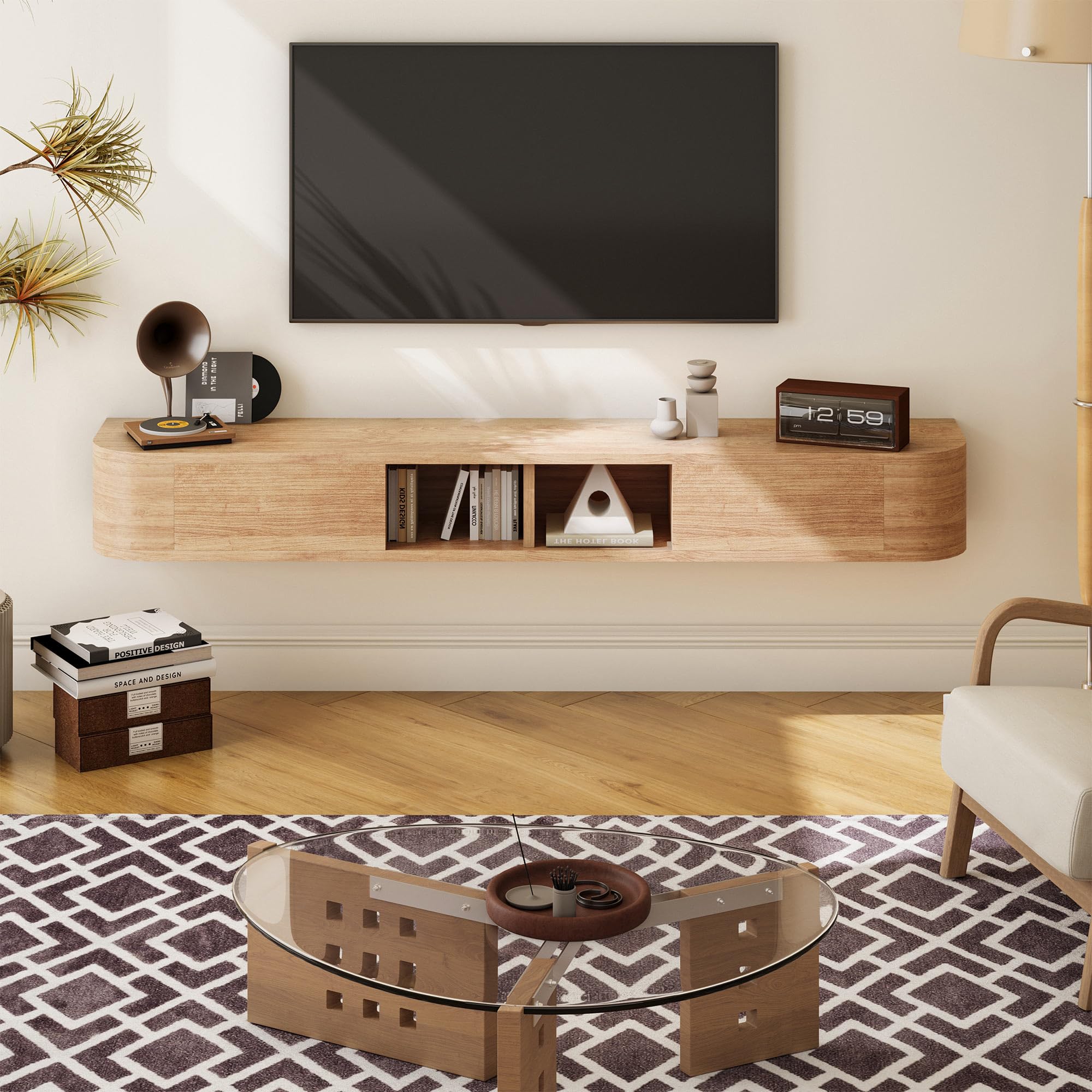 Schwebendes TV-Regal, 160 cm Wandmontiertes TV-Board mit Stauraum & Abgerundeten Ecken, Hängendes Medienboard mit Türen für Schlafzimmer und Wohnzimmer (Naturholzfarbe)