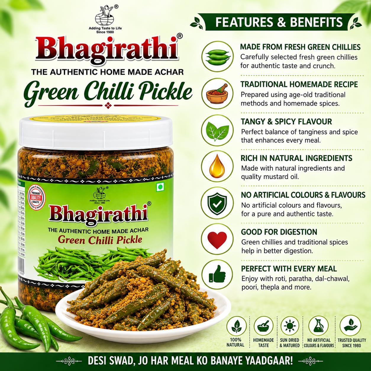 Bhagirathi Green Chilli Pickle 500g Spicy & Tangy Hari Mirch Achar Homemade Taste Traditional Indian Pickle 500 Gram Jar 2
