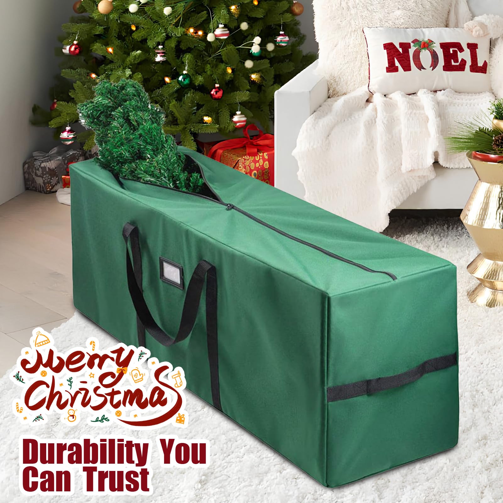 Abnaok Borsa per albero di Natale, resistente, in tessuto Oxford 600D, adatta per alberi di Natale fino a 2,4 m, contenitore per albero di Natale, con manici rinforzati e cerniera (verde, 165