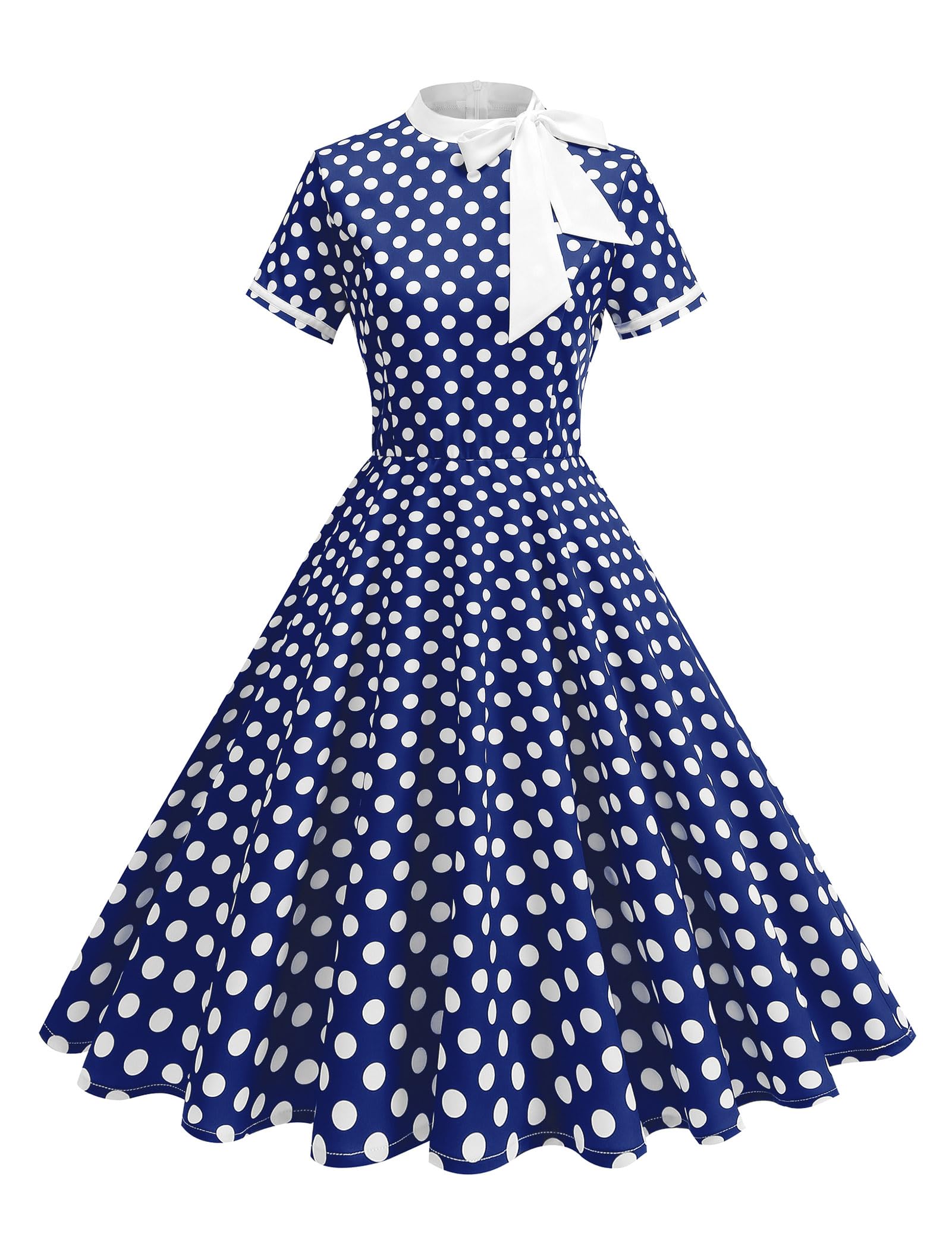 Abito da donna in stile anni '50, vintage, a pois, con fiocco, per lavoro, stile Audrey Hepburn, Rockabilly, cocktail party, Blu reale, S