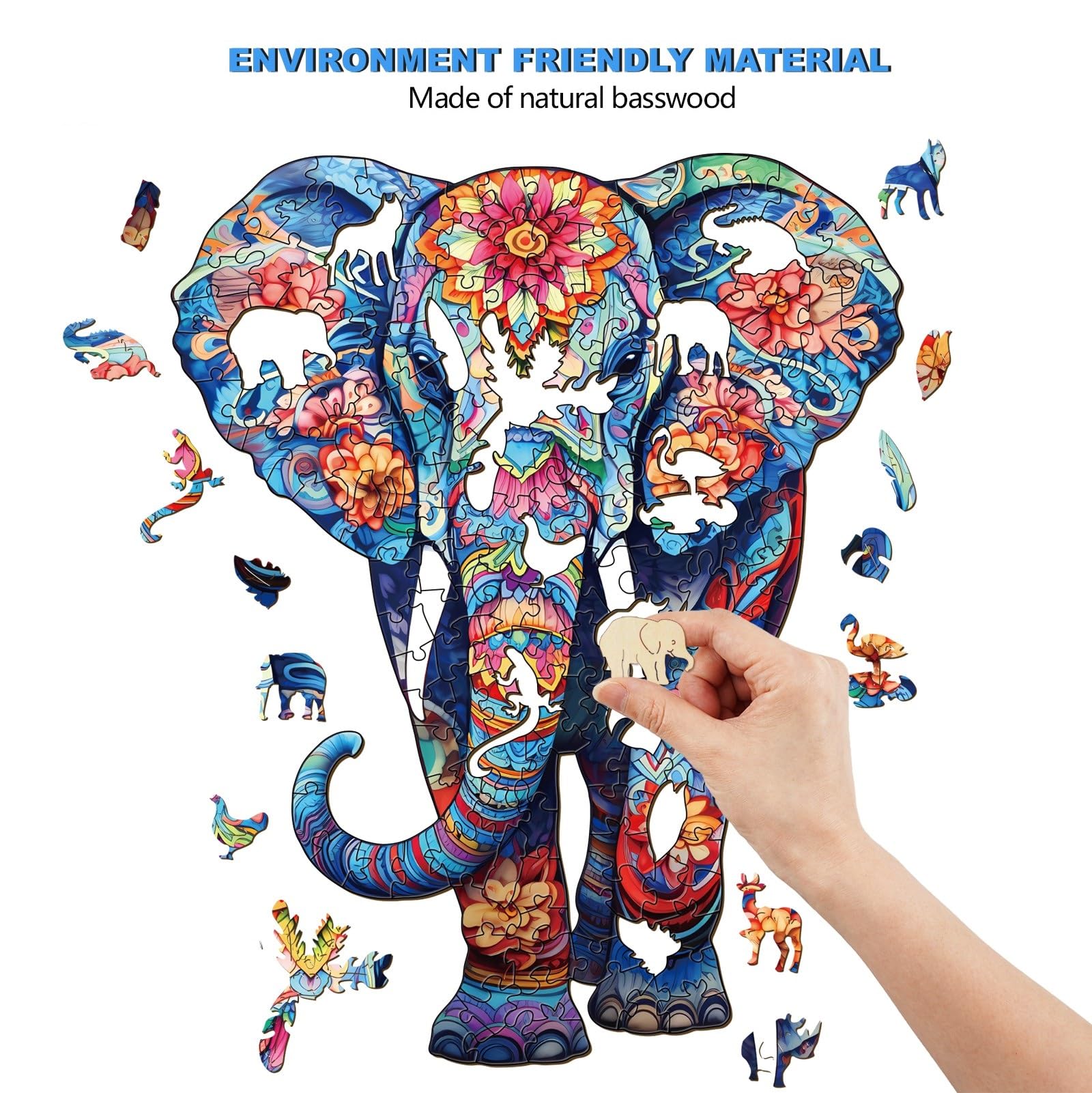 Puzzle in Legno per Adulti - 210 Pezzi, Elefante, 27,3 x 34 cm - Irregolare e Unico, a Forma di Animale - Con Confezione Regalo