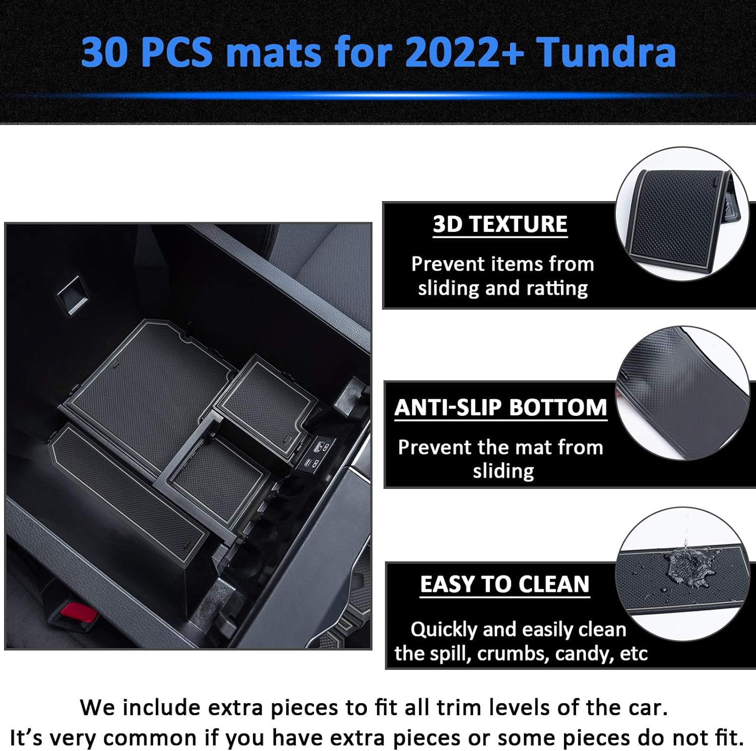 TOPINSTALL Premium Rubber Liners Compatible with 2022-2025 2026 Toyota Tundra Accessories Non-Slip Anti Dust Cup Holder Inserts, Center Console Liner Mats, Door Pocket Pads - 30 PC Set (Gray Trim)