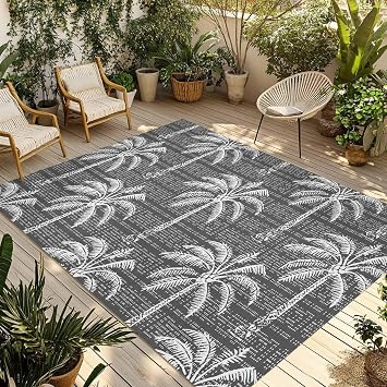 Dark Grey Palm Tree Outdoor Rug 3x5ft Large Patio Rug, Washable RV Camping Outside Area Runner Rug Mat, Summer Botanical Tropical Tree Indoor Outdoor Carpet for Picnic Deck Porch Balcony Beach