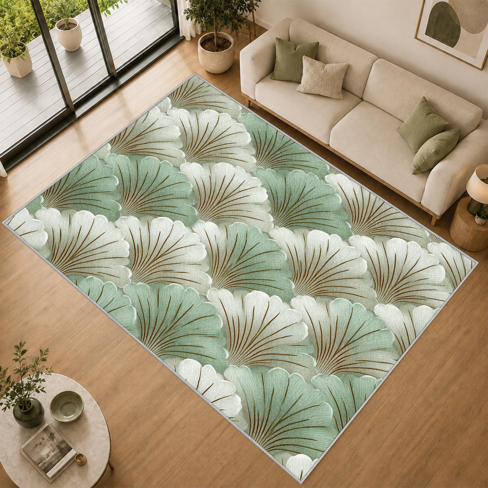 Tapis Salon Feuille Ginkgo 240x300cm Lavable en Machine Antidérapant