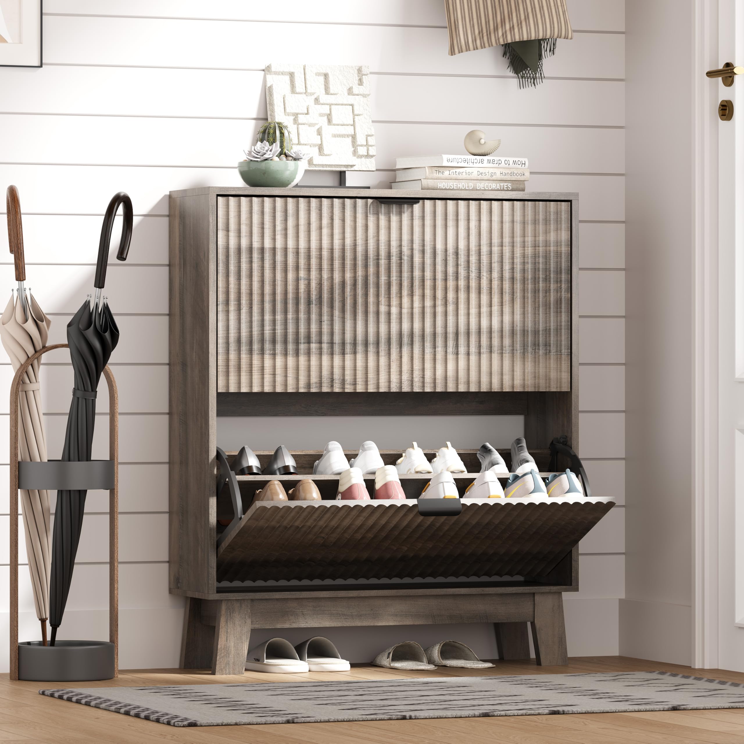 HUANLEGO Shoe Cabinet Storage for Entryway with 2 Flip Drawers, Fluted Narrow Shoe Organizer with Wooden Legs, Freestanding Slim Shoe Storage Hidden Shoe Rack Organizer for Front Door Entrance, Grey