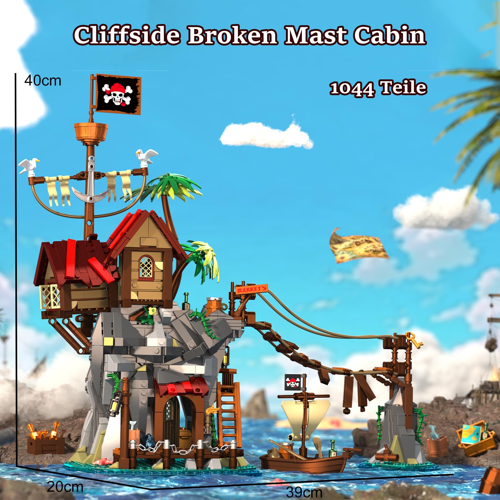 Piratenbucht Kliffhütte Mittelalter Klemmbausteine Haus, Cliffside Broken Mast Cabin Bausatz Modular Building für Erwachsene (1044 Teile)