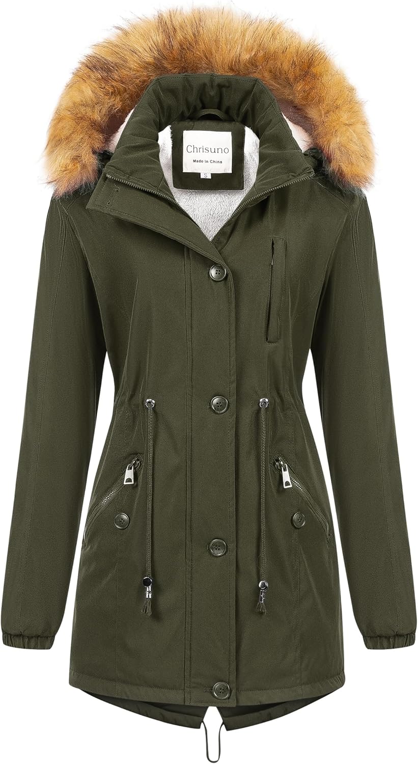 Chrisuno Women's Mid-Length Military Parka Winter Outerwear Insulated Jacket Soft Fleece Snow Faux Fur Coat