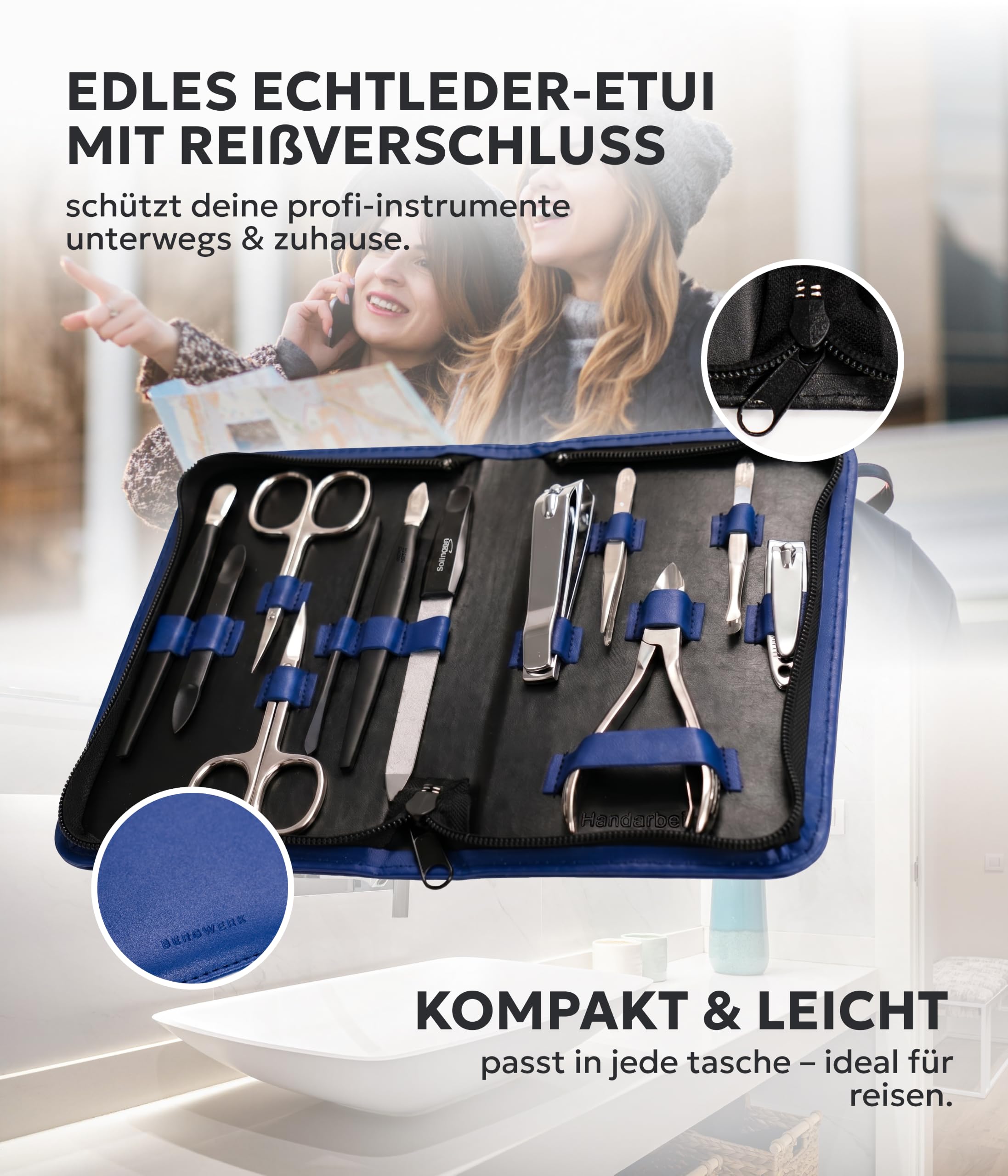 Solingen Reissverschlussetui Blau 12-teilig – Maniküre Set aus LWG Leder, präzise Nagelpflege – für Damen & Herren – Nageletui – Made in Germany