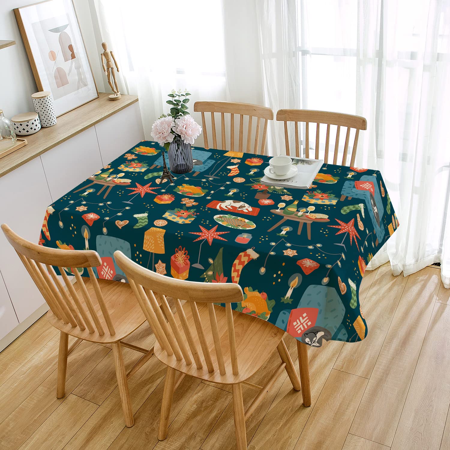 Mantel Antimanchas Estampado Verde Navideño Mantel Mesa Rectangular Poliéster Manteles de Mesa Impermeable Lavable Manteles Antimanchas para Casa Comedor Cocina Fiesta(140x200cm)