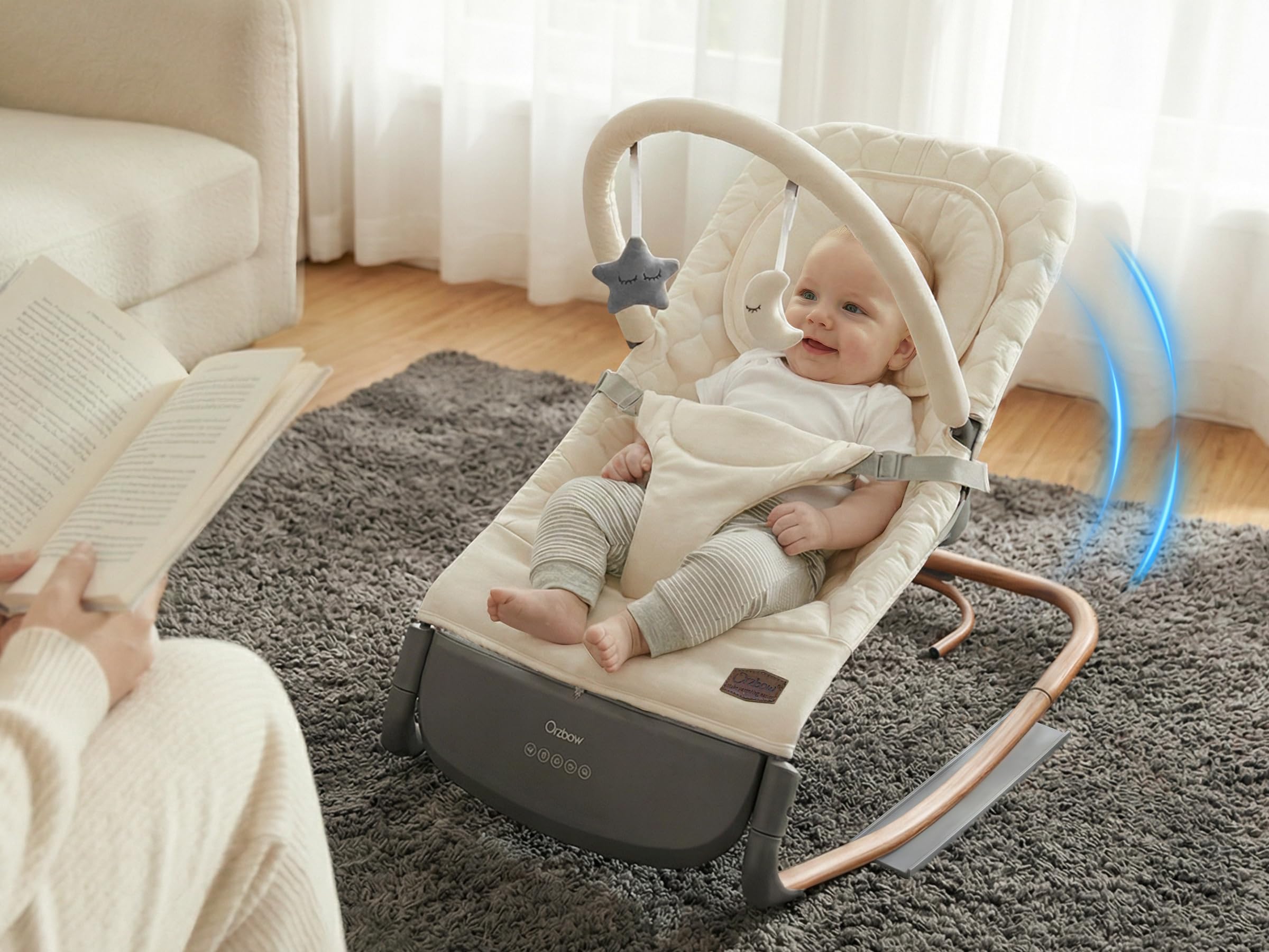 Elektryczny hamak dla dzieci, elektryczny fotel bujany dla dzieci z czujnikiem wstrząsów, 3 stopnie prędkości i panel dotykowy, timer (30/60 min), 8 nici, regulowana objętość, dla 0-30 miesięcy, do 18
