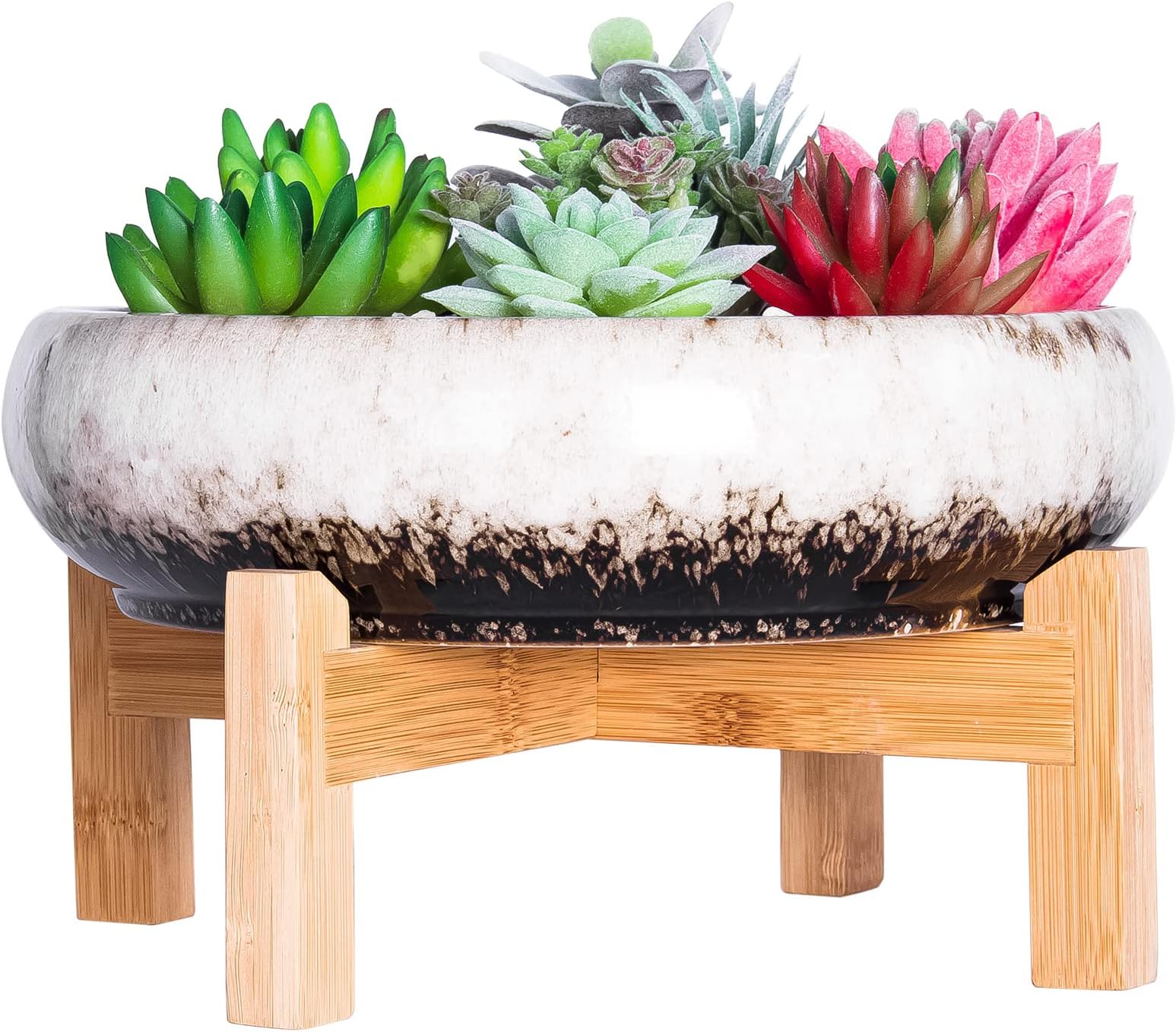ARTKETTY Succulent Plant Pot - Large Bonsai Pot with Stand Shallow Cactus Plant Pot with Mess Drainage Screen, 25.4 CM Ceramic Flower Plant Container Bowl for Indoor/Outdoor (White)