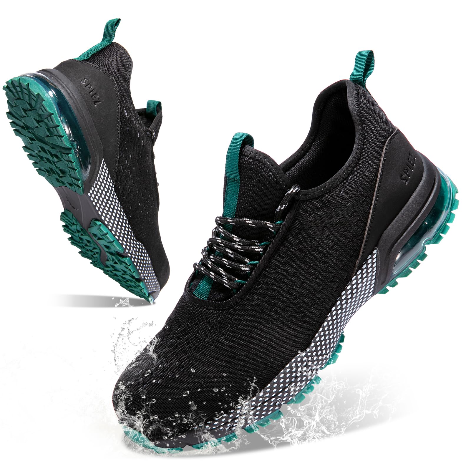 SPIEZ Lightweight Slip-On Safety Shoes for Men & Women, Slip-Resistant Work Shoes with Air Cushioning, Water-Resistant & Decorative Laces, Easy On/Off Sneakers, Black Green, Size 4.5-13.5