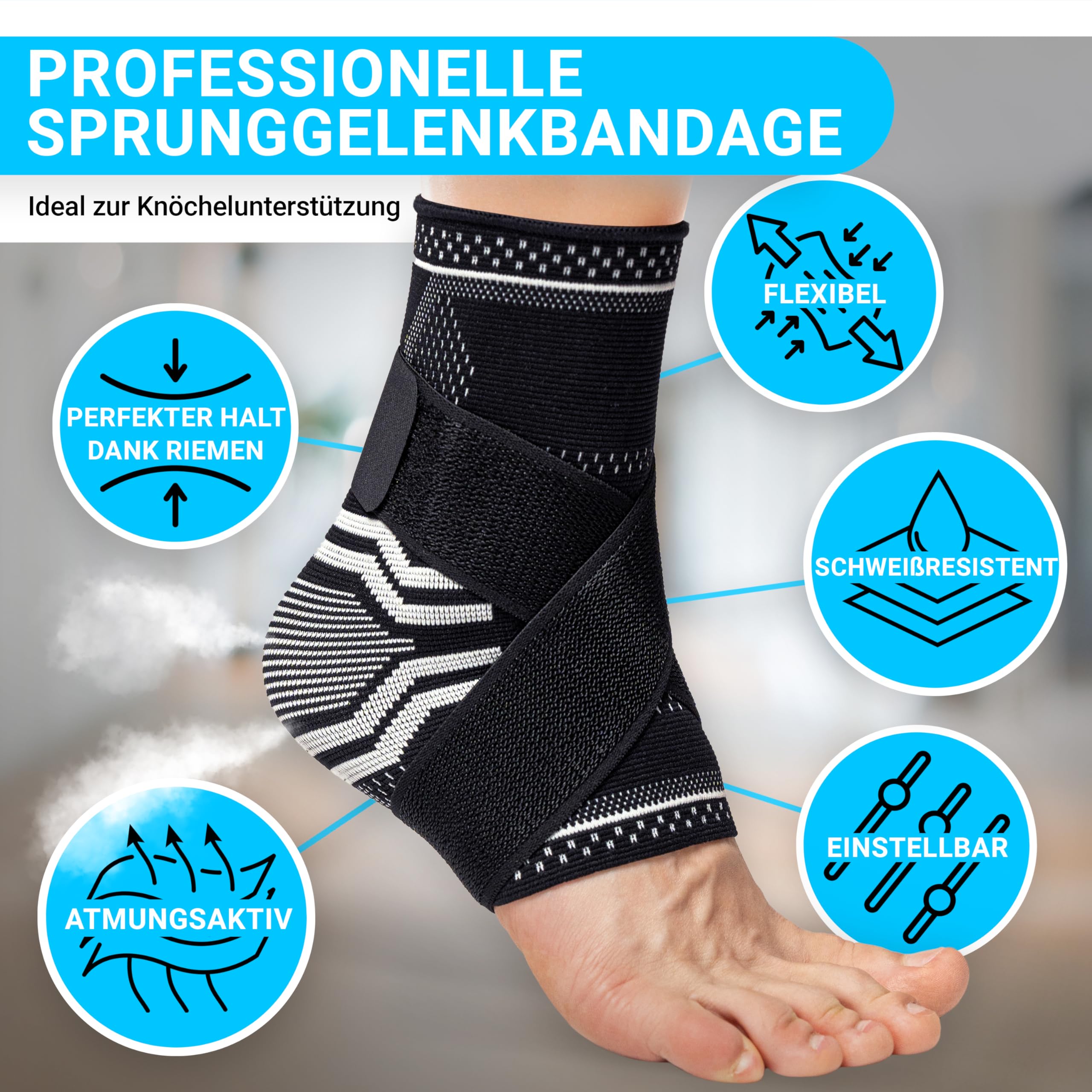 Sprunggelenkbandage [TESTSIEGER 1,1] | Einstellbare Knöchelbandage [Damen & Herren] atmungsaktiv & stützend | Fußgelenkbandage für Achillessehne Schutz vor Umknicken & Verletzung im Sport und Alltag