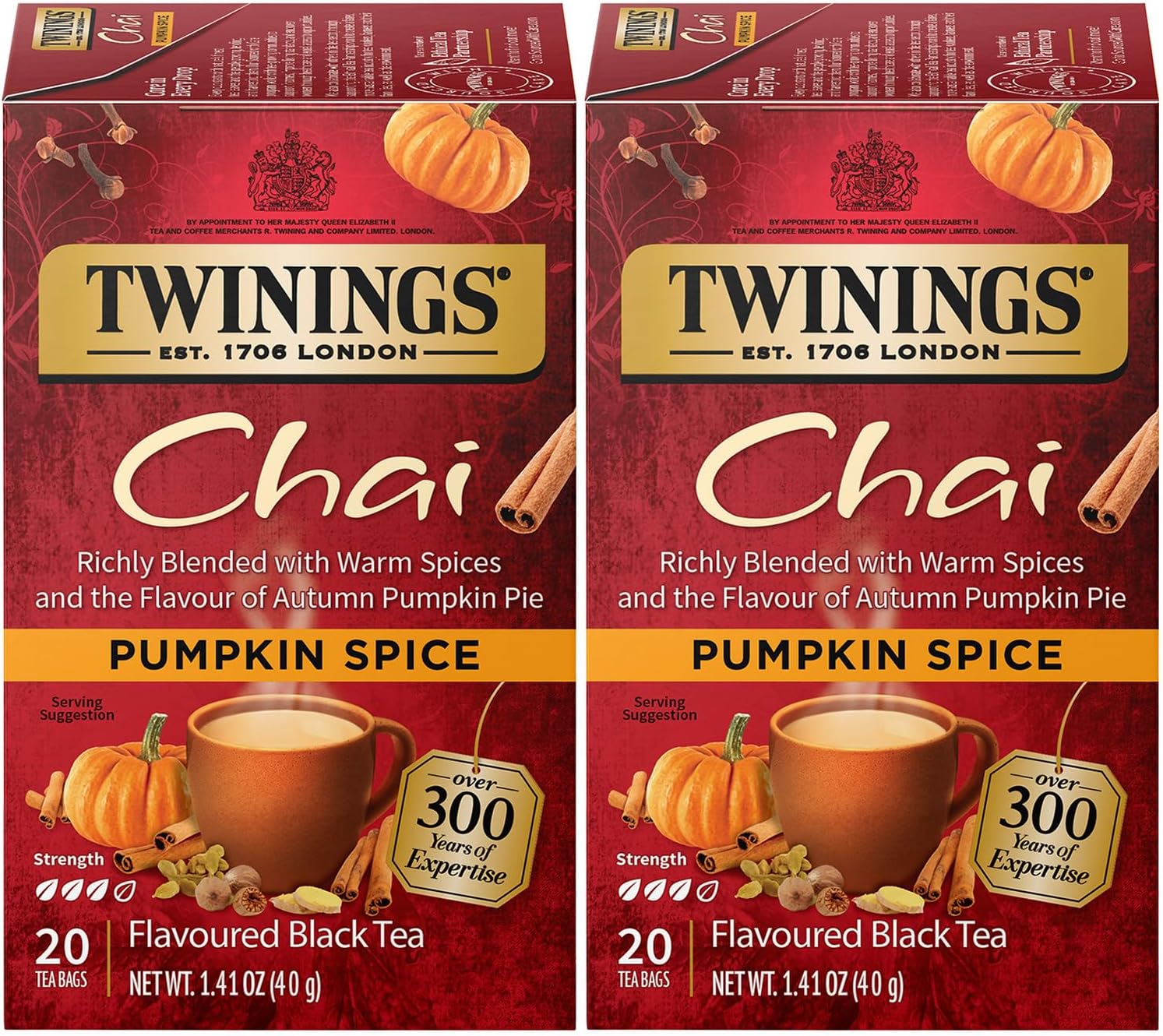 Twinings Pumpkin Spice Chai Tea, Caffeinated Black Tea Naturally Flavored with Aromatic Spices and Ginger, Tea Bags Individually Wrapped, 20 Count Ea (Pack of 2)