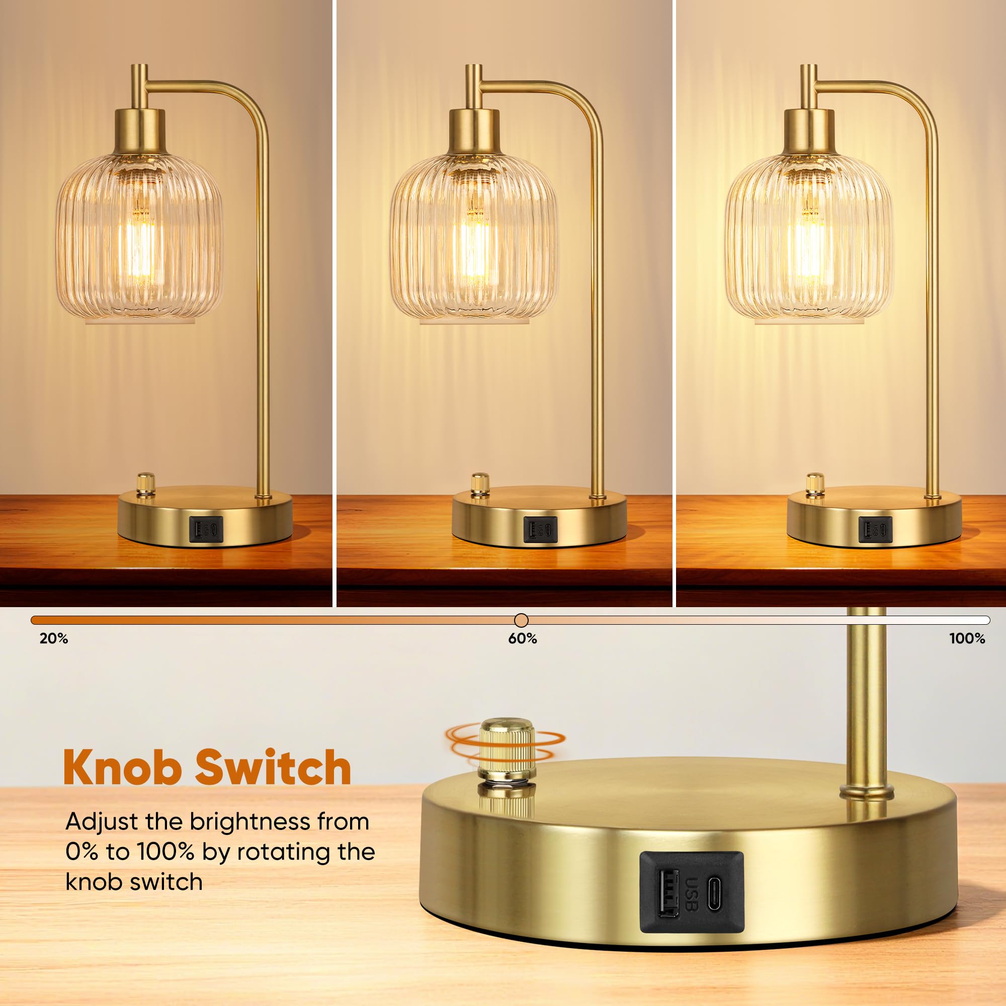 QiMH Industrielle Tischlampe für Schlafzimmer, 2er-Set, klares Glas mit USB-A- und C-Anschlüssen, stufenlose dimmbare Goldlampen, Nachttischlampen für Wohnzimmer, Büro, Heimdekoration (Leuchtmittel im