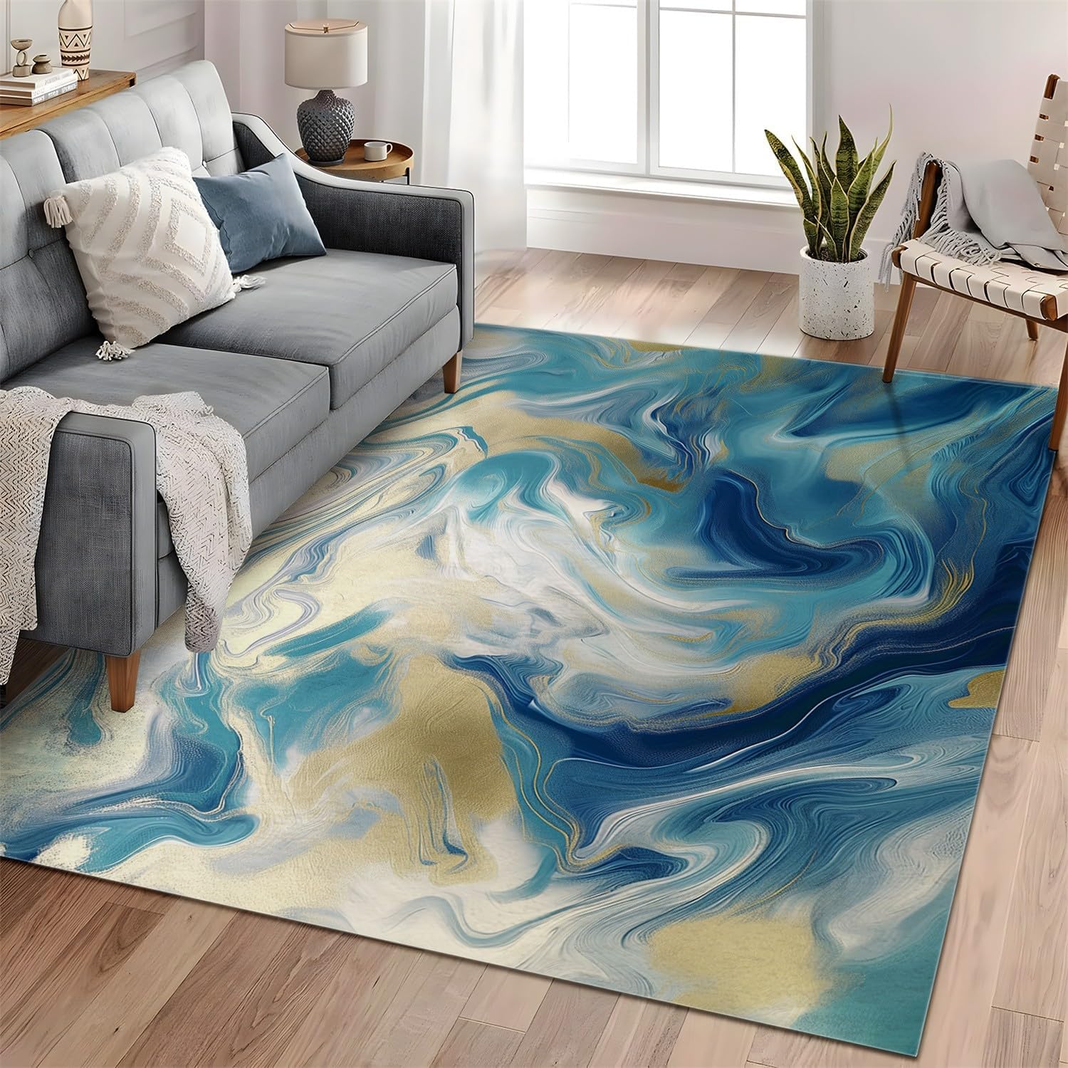 Washable Non-Shed Rugs 2 x 3 ft, Throw Rugs for Bedroom Non Slip, Soft Blue Gold Textured Marble Bathroom Mat, Entryway Rug Indoor Floor Chair Carpet for Living Room Coffee Table