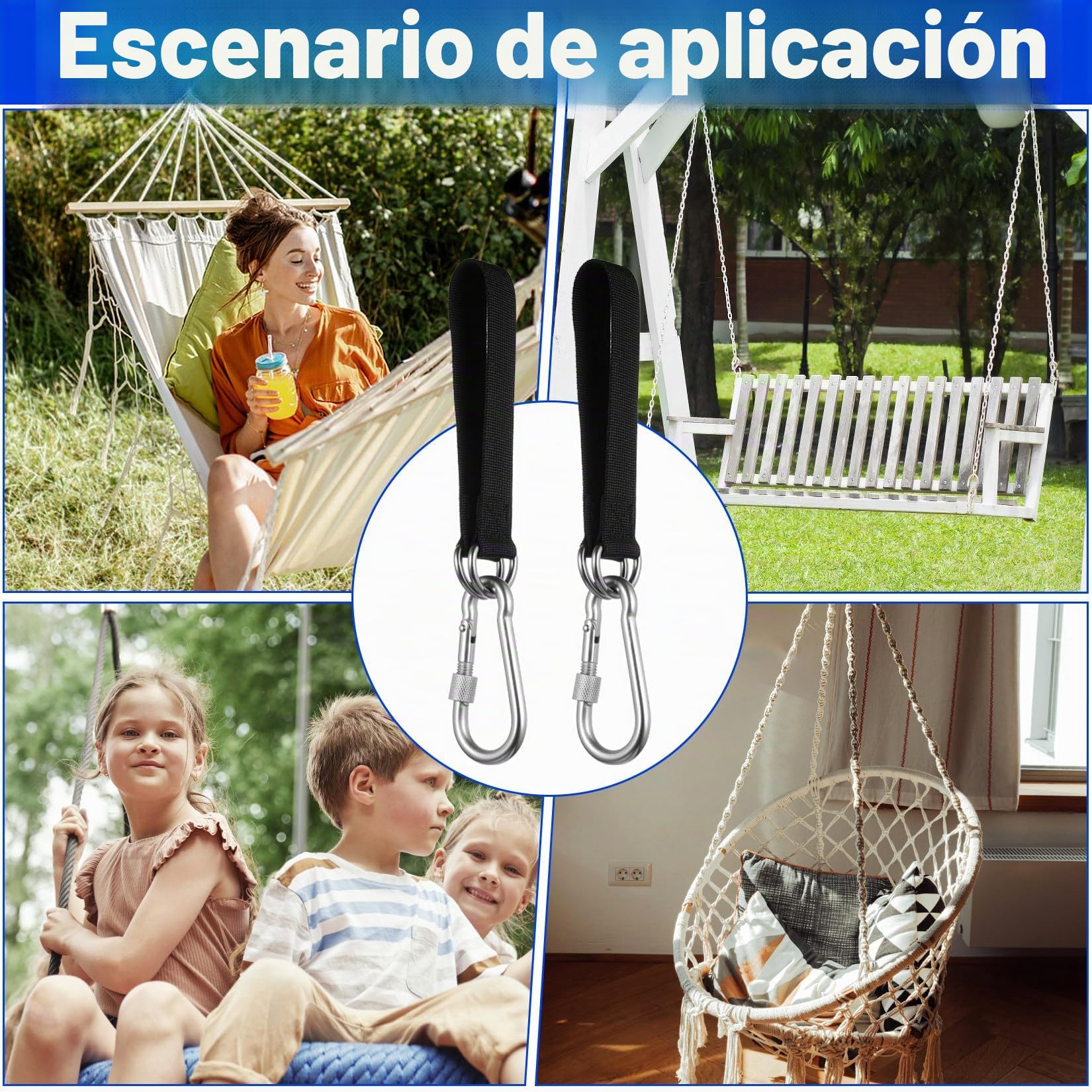 4 Set di Correas de Hamacas, 30,5 cm Kit de Correas de Columpios de Árbol Hamacas, Cinturón de Suspensión de Hamaca Correas de Árbol Sillas Camping, con 4 Mosquetón y Anillos en D, Soporta 100 kg
