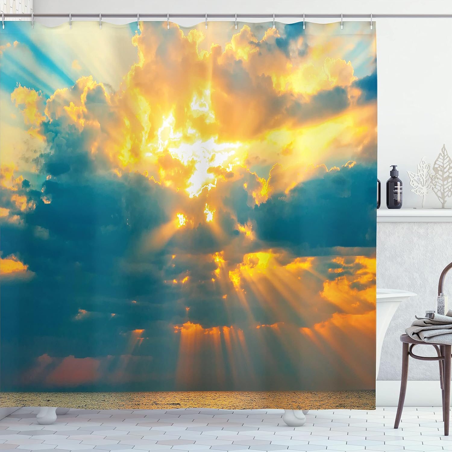 Ambesonne Landscape Shower Curtain, Majestic Yellow Rays of Sun Breaking Through The Storm Clouds Image, Cloth Fabric Bathroom Decor Set with Hooks, 69" W x 75" L, Turquoise Yellow