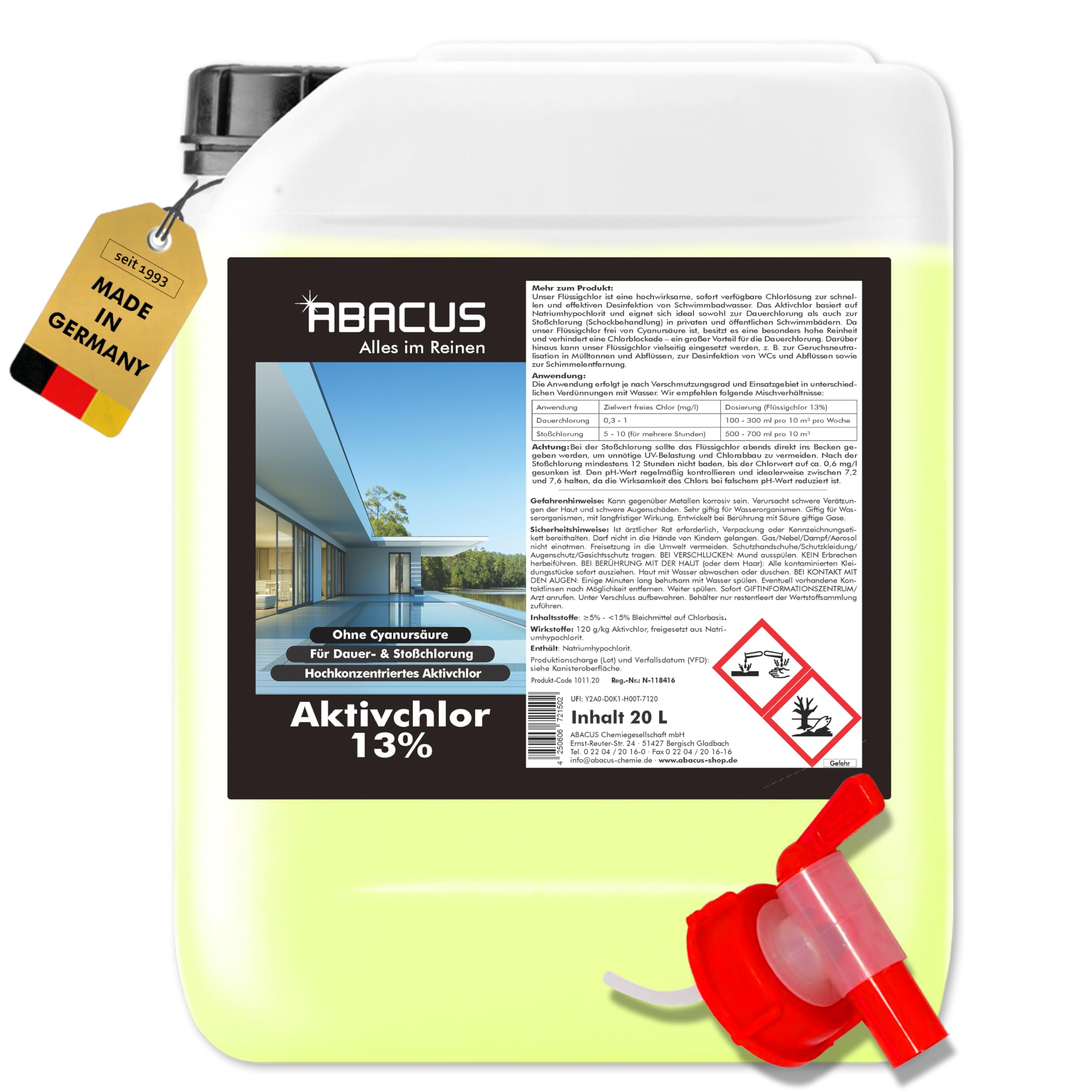 ABACUS® Flüssigchlor 13–15 % | 20 Liter Kanister | Poolchlor zur Desinfektion von Pool & Schwimmbad | Hochwirksames Aktivchlor für klare Wasserqualität | Für Dauerchlorung und Stoßchlorung