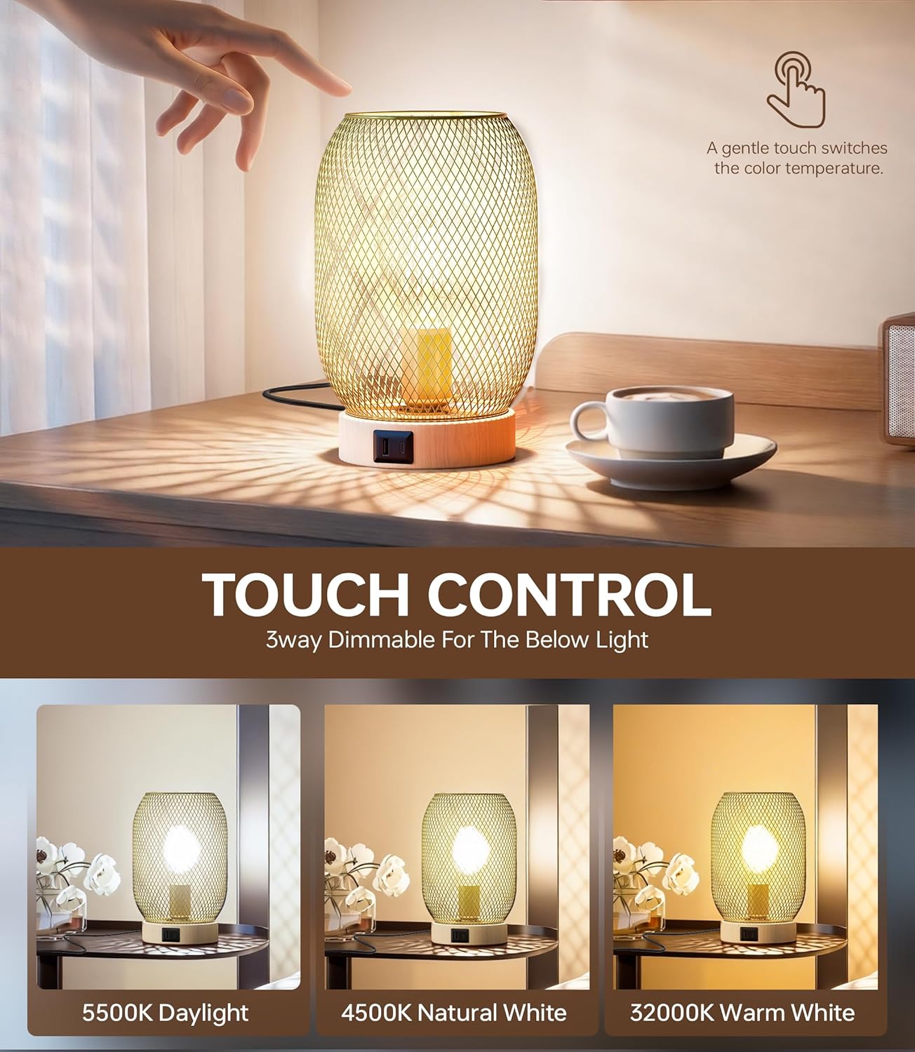 Retro Iron Mesh Table Lamp,Bedside Lamp With Touch Control 3-Color Lighting,Desk Lamp for Wood Grain Base with Dual USB/Type-C Charging Ports,Lamp for Bedroom, Dining Table, Kitchen,Nightstand Decor